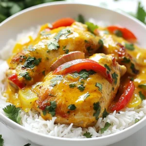 - 4 chicken thighs, skinless and boneless - 1 can (400ml) coconut milk - 1 onion, sliced - 3 cloves garlic, minced - 1 tablespoon ginger, grated - 2 tablespoons red curry paste - 1 tablespoon fish sauce (or soy sauce for a vegetarian option) - 2 tablespoons lime juice - 1 tablespoon sugar - Fresh cilantro - Cooked jasmine rice In this dish, chicken thighs form the heart of the meal. They cook tender and juicy in rich coconut milk. Coconut milk adds a creamy, sweet taste that pairs well with spices. Aromatics like onion, garlic, and ginger bring depth to the flavor. They create a warm and inviting smell that fills your kitchen. The red curry paste adds a kick of flavor. It&rsquo;s a mix of spices that makes the dish exciting. Fish sauce or soy sauce boosts umami, making every bite delicious. Lime juice adds brightness and freshness. The sugar balances all the flavors, creating a perfect harmony. To finish, fresh cilantro adds color and a fresh taste. Serving it over jasmine rice soaks up the sauce well. This dish is comforting, flavorful, and sure to please anyone at your table. Enjoy each bite of this savory comfort dish! {{ingredient_image_1}} - Slicing onions and bell pepper: Start by slicing one onion into thin strips. Then, slice one bell pepper into bite-sized pieces. This adds color and flavor to your dish. - Mince garlic and grate ginger: Take three cloves of garlic and mince them finely. Grate one tablespoon of fresh ginger. These aromatics will give your dish a wonderful depth of flavor. - Saut&eacute;ing aromatics: In a large pot or Dutch oven, heat a drizzle of oil over medium heat. Add the sliced onion and saut&eacute; for about three to four minutes. Cook until the onion is soft and translucent. Next, add the minced garlic and grated ginger. Stir for one to two minutes, letting their fragrant aroma fill the air. - Searing chicken thighs: Now it&rsquo;s time to add four skinless, boneless chicken thighs to the pot. Sear the chicken for about four to five minutes on each side. You want them lightly browned. This step locks in the flavors, making your chicken juicy and delicious. - Combining all ingredients: Pour in one can of coconut milk and one cup of chicken broth. Stir in two tablespoons of red curry paste, one tablespoon of fish sauce, one tablespoon of lime juice, and one tablespoon of sugar. Mix everything well. This blend creates a rich and creamy sauce. - Braising and adding bell pepper: Bring your pot to a gentle simmer. Cover it and reduce the heat to low. Let the chicken braise for about thirty minutes. This allows all the flavors to meld beautifully. In the last ten minutes, add the sliced bell pepper. Stir it in gently. - Adjusting seasoning before serving: Taste your dish and adjust the seasoning with salt and pepper as needed. This final touch ensures your coconut milk braised chicken is just perfect. Serve it over a bed of jasmine rice, and enjoy a comforting meal! - Best practices for saut&eacute;ing aromatics: Start with a hot pot. Add oil and let it heat up. Saut&eacute; the onions for 3-4 minutes until they turn clear. Then, mix in garlic and ginger for 1-2 minutes. This brings out their great flavors. - Tips for perfectly seared chicken: Make sure the chicken is dry. This helps it sear well. Place it in a hot pot and don&rsquo;t move it for 4-5 minutes. This creates a nice brown crust. Flip it only once to keep it juicy. - Adding other spices or herbs: You can change the flavor easily. Try adding fresh basil or cilantro. A pinch of turmeric or cumin can add depth too. Experiment with flavors that you love. - Adjusting heat level with curry paste: Red curry paste is bold. If you want it milder, use less paste. For more heat, add a touch of chili powder. Taste as you go to find your perfect heat level. - Serving suggestions for aesthetic appeal: Serve the chicken over fluffy jasmine rice. This adds a nice base. Drizzle the creamy sauce over the top for a lovely look. A sprinkle of bell pepper adds color. - Incorporating garnishes effectively: Fresh cilantro adds a pop of green. Chop it finely and sprinkle it on right before serving. You can also add lime wedges. They give a fresh finish and look great on the plate. Pro Tips Marinate for More Flavor: For an extra depth of flavor, marinate the chicken in the coconut milk and spices for at least 30 minutes before cooking. Adjust Spice Levels: If you prefer a milder dish, reduce the amount of red curry paste or add a spoonful of sugar to balance the heat. Use Fresh Herbs: Adding fresh herbs like basil or mint as a garnish can elevate the dish and add a refreshing touch. Leftover Potential: This dish tastes even better the next day! Store leftovers in the fridge and enjoy as a quick meal or with noodles. {{image_2}} You can switch chicken for other proteins. Tofu works great if you want a vegetarian dish. It soaks up flavors well. For meat lovers, try beef or shrimp. Both bring a new taste to the dish. Remember to adjust cooking times based on the protein you choose. Changing the curry type can alter the taste. Green curry adds a fresh kick. Yellow curry gives a milder, sweeter flavor. You can also toss in veggies like carrots or snap peas. This adds color and crunch to your meal. Each change keeps the dish exciting and tasty. You can enjoy coconut milk braised chicken in many ways. For a soup-like dish, add more broth. This makes it perfect for sipping. You can also serve it over jasmine rice or try noodles. Each option offers a new way to enjoy this comforting dish. You can store coconut milk braised chicken in the fridge for up to three days. Make sure to place it in an airtight container. For reheating, simply warm it on the stove over low heat. Stir often to ensure even heating. You can also use a microwave; cover it loosely to avoid splatters. For freezing, let the dish cool completely before transferring it to a freezer-safe container. Label it with the date. It can last for about three months in the freezer. To thaw, move it to the fridge overnight. Reheat it gently on the stove or in the microwave until hot. Meal prepping with coconut milk braised chicken is simple. You can cook a batch over the weekend and divide it into portions. Use small containers for easy weekday meals. Pair each portion with jasmine rice. This way, you have a delicious meal ready to go! Yes, you can use bone-in chicken. Bone-in chicken adds more flavor. Just make sure to adjust cooking time. Bone-in pieces may need extra time to cook through. Use a meat thermometer to check if the chicken reaches 165&deg;F. Serve this dish with jasmine rice. The rice soaks up the tasty sauce. You can also add steamed vegetables or a fresh salad. These sides balance the richness of the chicken. Enjoying this with warm naan is also a great choice! This dish has a mild spice level. Red curry paste gives it some heat. If you prefer less spice, use less curry paste. You can also add more coconut milk to cool it down. It&rsquo;s all about your taste! If your sauce is thin, there are easy fixes. You can simmer it longer to reduce it. This will help it thicken naturally. Another option is to mix a little cornstarch with water. Add this mixture to the sauce and stir well. Let it cook until thickened. This blog post covered how to make coconut milk braised chicken with simple ingredients and steps. We explored key components like chicken thighs, coconut milk, and various flavorings. You learned best practices for cooking and tips for great presentation. We also discussed variations, storage tips, and answered common questions. Coconut milk braised chicken is a flexible dish. It adapts to your taste and ingredients. Try it with your favorite spices or proteins. Happy cooking!