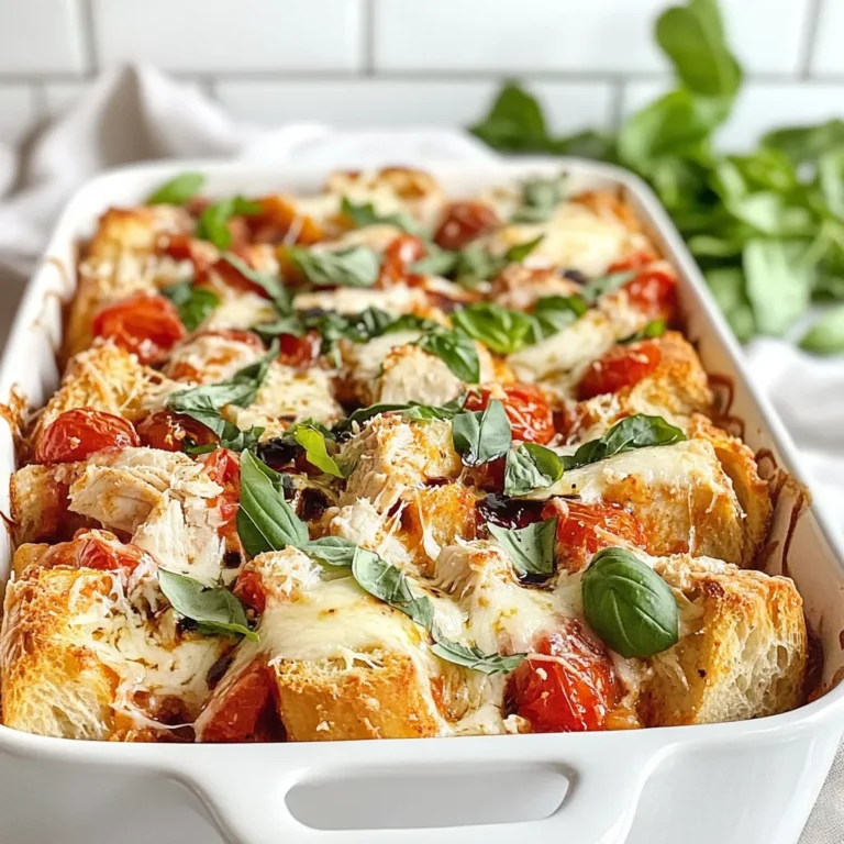 To make a delicious Bruschetta Chicken Casserole, you need the right ingredients. Here is the list of what you will need: - 2 cups cooked chicken, shredded - 1 can (14.5 oz) diced tomatoes, drained - 1 cup fresh basil leaves, chopped - 1 cup mozzarella cheese, shredded - 1/2 cup grated Parmesan cheese - 1/2 cup balsamic glaze - 1 teaspoon garlic powder - 1/2 teaspoon onion powder - Salt and pepper to taste - 4 slices of baguette, toasted and cut into cubes - Olive oil for drizzling Each ingredient brings a unique flavor. The chicken serves as a hearty base. Diced tomatoes add moisture and a fresh taste. Chopped basil gives a bright, herbal note. The cheeses melt into a creamy layer, adding richness. Balsamic glaze adds a sweet tang that ties it all together. When selecting your ingredients, use fresh basil for the best flavor. Opt for high-quality mozzarella to achieve that gooey texture. Toasting the baguette cubes adds crunch, making each bite delightful. Remember, these ingredients work together to create a comforting, flavorful dish. Enjoy gathering them and let your kitchen come alive with these vibrant flavors! {{ingredient_image_1}} - Preheating the Oven Start by preheating your oven to 375°F (190°C). This step ensures your casserole cooks evenly. - Combining Ingredients In a large bowl, mix 2 cups of shredded chicken, 1 can of drained diced tomatoes, and 1 cup of chopped basil. Add 1 teaspoon of garlic powder, 1/2 teaspoon of onion powder, and salt and pepper to taste. Stir until everything is well blended. - Layering the Casserole Grease a 9x13-inch casserole dish. Spread half of the chicken mixture on the bottom. Next, layer half of the toasted baguette cubes over the chicken. Sprinkle half of the mozzarella and Parmesan cheeses on top. Repeat these layers with the remaining ingredients. - Adding the Balsamic Glaze Drizzle 1/2 cup of balsamic glaze over the top layer of cheese. This adds a sweet and tangy flavor that enhances the dish. - Baking Process Place the casserole in the preheated oven. Bake for 25-30 minutes. You want it to be hot, and the cheese should be melted and bubbly. - Broiling for Crispiness For a crispy top, switch to the broil setting for the last 3-5 minutes. Watch closely to prevent burning. This final touch gives your casserole that perfect golden crust. Choosing the Right Chicken For this dish, use cooked chicken. Shredded chicken works best. You can use leftover chicken or rotisserie chicken. This saves time and adds great flavor. Adjusting Flavor with Seasonings Season your mixture well. Garlic powder adds depth, while onion powder gives sweetness. Salt and pepper make everything pop. Feel free to add more herbs, like oregano or thyme, if you like. Ensuring Cheese Melts Perfectly Use fresh mozzarella for a gooey texture. Shredded mozzarella also melts well. Mix in grated Parmesan for a rich flavor. Layer the cheeses evenly to ensure they melt perfectly during baking. Best Side Dishes to Pair Serve this casserole with a green salad. A fresh arugula salad adds crunch. Garlic bread is also a great choice. It complements the flavors nicely. Presentation Ideas Garnish with fresh basil leaves for color. Drizzle extra balsamic glaze for flair. Serve in the casserole dish for a rustic look. Everyone will love the tasty, warm dish. Pro Tips Use Fresh Ingredients: Fresh basil and high-quality tomatoes elevate the dish's flavor. Opt for vine-ripened tomatoes if available. Customize the Cheese: Feel free to mix different cheeses like provolone or fontina for a unique flavor profile. Make Ahead: Prepare the casserole a day in advance and refrigerate. Just bake it when ready to serve for a quick meal. Add a Crunch: For extra texture, sprinkle some panko breadcrumbs on top before baking for a delightful crunch. {{image_2}} Different Cheese Options You can change the cheese for more flavor. Try using goat cheese for a tangy twist. Feta cheese also adds a nice touch. If you like sharp flavors, use aged cheddar. Adding Vegetables Feel free to sneak in some veggies. Spinach or bell peppers work well. You can also add zucchini or mushrooms for extra nutrition and taste. Just chop them small and mix in. Using Different Baguette Types Switch up the baguette for more fun. A sourdough baguette gives a nice tang. Whole grain bread adds fiber and flavor. You can even use focaccia for a soft, herby base. Gluten-Free Version To make this dish gluten-free, use gluten-free bread. You can find many tasty options in stores. Check the label to ensure it is truly gluten-free. Low-Carb Option If you want a low-carb meal, skip the bread. Replace it with cauliflower rice or zucchini noodles. These keep the dish light but still filling and yummy. Refrigeration Guidelines You can store leftover Bruschetta Chicken Casserole in the fridge. Place it in an airtight container. It will stay fresh for about 3 to 5 days. When you want to eat it again, just take it out and reheat. Freezing for Future Meals If you have more leftovers, you can freeze the casserole. Wrap it tightly in plastic wrap and then in aluminum foil. This helps keep it safe for about 2 to 3 months. When you want to use it, let it thaw in the fridge overnight before reheating. Best Methods to Reheat Casserole To reheat, you can use the oven or microwave. If using the oven, preheat it to 350°F (175°C). Place the casserole in a baking dish and cover it with foil. Bake for about 20 minutes or until it’s hot inside. If you use the microwave, heat it in 1-minute intervals. Check after each minute to avoid overheating. Enjoy your meal! How long can I store Bruschetta Chicken Casserole? You can store Bruschetta Chicken Casserole in the fridge for up to three days. Make sure to cover it tightly. This keeps the flavor fresh and tasty. Can I use rotisserie chicken for this recipe? Yes, rotisserie chicken is great for this dish! It saves time and adds a nice flavor. Just shred the chicken and mix it in. Is it possible to make this recipe ahead of time? Absolutely! You can prepare the casserole a day ahead. Just cover it and store it in the fridge. Bake when you're ready to eat. What can I do if the casserole is too dry? If your casserole is dry, drizzle some olive oil or extra balsamic glaze on top. This adds moisture and enhances the flavor. How to get the right balance of flavors? To balance flavors, taste the mixture before baking. Adjust salt, pepper, or garlic powder as needed. Fresh basil adds a bright taste, too. How to make it more saucy? To make it saucy, add more diced tomatoes or balsamic glaze. You can also stir in a little chicken broth for extra moisture. In this post, I covered how to make a delicious Bruschetta Chicken Casserole. We explored the key ingredients, step-by-step instructions, and tips for perfecting your dish. I also shared variations and storage options to help you enjoy this meal later. In conclusion, this casserole is a tasty and easy choice for any meal. You can customize it to fit your taste and dietary needs. Enjoy making it your own and savor every bite!