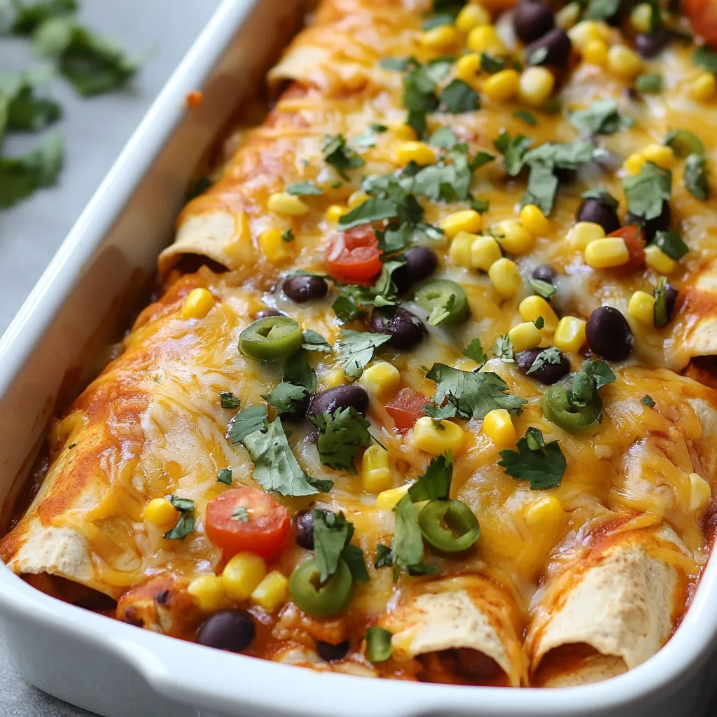 Here’s what you need to make these tasty enchiladas: - 2 cups cooked chicken, shredded - 1 cup black beans, rinsed and drained - 1 cup corn, frozen or canned - 1 cup diced tomatoes (canned or fresh) - 1 tsp ground cumin - 1 tsp chili powder - 1/2 tsp garlic powder - 8 small whole wheat tortillas - 1 cup low-fat shredded cheese (cheddar or Mexican blend) - 1 cup enchilada sauce (store-bought or homemade) - Fresh cilantro, chopped for garnish - Salt and pepper to taste Each ingredient in these enchiladas brings unique benefits: - Cooked chicken: A great source of lean protein. It helps build muscles and keeps you full. - Black beans: High in fiber and protein. They support digestion and heart health. - Corn: Adds natural sweetness and provides vitamins. It boosts energy and adds color. - Diced tomatoes: Rich in vitamins C and K. They add freshness and flavor while being low in calories. - Whole wheat tortillas: Offers more fiber than regular tortillas. They help maintain energy levels. - Low-fat cheese: Gives a creamy texture with less fat. It still provides calcium and protein. If you want to mix it up, try these swaps: - Chicken: Use shredded turkey or tofu for a vegetarian option. - Black beans: Swap with kidney beans or pinto beans for a different flavor. - Corn: Use diced bell peppers for crunch and color. - Diced tomatoes: Substitute with salsa for extra zest. - Whole wheat tortillas: Try corn tortillas for a gluten-free option. - Low-fat cheese: Use nutritional yeast for a vegan cheese alternative. These substitutions can make the dish fit your taste and dietary needs. {{ingredient_image_1}} First, gather all your ingredients. You need: - 2 cups cooked chicken, shredded - 1 cup black beans, rinsed and drained - 1 cup corn, frozen or canned - 1 cup diced tomatoes (canned or fresh) - 1 tsp ground cumin - 1 tsp chili powder - 1/2 tsp garlic powder - 8 small whole wheat tortillas - 1 cup low-fat shredded cheese (cheddar or Mexican blend) - 1 cup enchilada sauce (store-bought or homemade) - Fresh cilantro, chopped for garnish - Salt and pepper to taste In a large bowl, mix the shredded chicken, black beans, corn, and diced tomatoes. Add the spices: cumin, chili powder, and garlic powder. Don’t forget to add a pinch of salt and pepper. This mix packs in flavor and nutrition. Now, let’s assemble the enchiladas. Start by preheating your oven to 350°F (175°C). Pour about 1/4 cup of enchilada sauce in a 9x13 inch baking dish. This will keep the enchiladas from sticking. Take a tortilla and place about 1/3 cup of the chicken mixture in the center. Roll it up tightly and place it seam-side down in the dish. Repeat this step for all tortillas. After placing all the enchiladas in the dish, pour the remaining enchilada sauce on top. Make sure every tortilla is covered. Next, sprinkle the shredded cheese evenly over the top. Cover the baking dish with aluminum foil. Bake in the oven for 20 minutes. After that, remove the foil and bake for another 10-15 minutes. You want the cheese to melt and bubble. Once done, take the dish out and let it cool for a few minutes. Top with fresh cilantro for a pop of color. Serve hot, and consider pairing with guacamole or a fresh green salad for a tasty meal. Enjoy! To make these enchiladas even healthier, I suggest a few simple swaps. First, use low-sodium options for your black beans and enchilada sauce. This reduces salt but keeps flavor. You can also add more vegetables. Try bell peppers, spinach, or zucchini in the filling. These add nutrition without extra calories. If you want fewer carbs, use lettuce wraps instead of tortillas. This keeps the meal light and fresh. Lastly, consider using a smaller amount of cheese or a dairy-free option. This keeps the dish tasty while making it healthier. To bring out great flavors, I recommend a few cooking techniques. First, always sauté your spices. This step unlocks their natural oils and boosts the taste. You can do this in a pan before adding them to your filling. Next, try roasting your vegetables. Roasting brings out sweetness and depth. You can roast corn and tomatoes before mixing them in. For a smoky flavor, add a touch of smoked paprika to your spices. Just a little can make a big difference. Lastly, let your enchiladas sit for a few minutes after baking. This helps the flavors meld and makes each bite even better. Pair these enchiladas with fresh sides for a complete meal. A crisp green salad with a light vinaigrette works well. It adds crunch and balance to the dish. You can also serve guacamole on the side. The creaminess complements the enchiladas nicely. For a refreshing drink, try agua fresca or iced tea. Both are light and enhance the meal. Consider garnishing your plate with lime wedges and extra cilantro for a bright finish. These simple touches elevate your dining experience and make it feel special. Pro Tips Use Fresh Ingredients: Fresh vegetables and herbs can enhance the flavor of your enchiladas, making them even more delicious. Customize the Spice Level: Adjust the amount of chili powder and cumin to suit your spice preference for a tailored flavor profile. Make Ahead: Prepare the filling and assemble the enchiladas a day in advance to save time on busy weeknights. Garnish Creatively: In addition to cilantro, consider adding diced avocado or a squeeze of lime juice for extra freshness and flavor. {{image_2}} To make a vegetarian version, swap the chicken for more beans or veggies. You can use 2 cups of black beans or pinto beans. Add in chopped bell peppers, zucchini, or spinach for extra flavor. This keeps the dish tasty and healthy. Use the same spices for a great kick. If you love heat, add more spice! Use jalapeños or diced green chilies. You can mix these in with the chicken filling. Increase the chili powder to 2 teaspoons for a stronger flavor. For even more heat, top with hot sauce before serving. This will excite your taste buds! For a gluten-free meal, look for corn tortillas or gluten-free wraps. Many stores sell these options. Check the labels to ensure they are truly gluten-free. For the enchilada sauce, you can make your own using tomato sauce and spices. This way, you know it’s safe for your diet. Enjoy these variations to fit your needs! Let’s talk about storing your skinny chicken enchiladas. Once you have leftovers, let them cool to room temperature. This helps keep them fresh. Place the enchiladas in an airtight container. Make sure to layer them with some wax paper to avoid sticking. They will last in the fridge for about three to four days. When you are ready to eat again, reheating is easy. Preheat your oven to 350°F (175°C). Place the enchiladas in an oven-safe dish. Cover them with foil to keep them moist. Heat for about 15 to 20 minutes, or until hot. You can also use a microwave. Heat them for two to three minutes, checking often to avoid overcooking. If you want to save some for later, freezing is a great option. Wrap each enchilada in plastic wrap, then in foil. This helps prevent freezer burn. You can freeze them for up to three months. When you are ready to eat, thaw them overnight in the fridge. Then, reheat them using the oven methods I mentioned before. You can use cooked turkey as a great substitute. Shredded tofu also works well for a plant-based option. If you love beans, try using extra black beans or pinto beans. This keeps the dish hearty and tasty. Making your own enchilada sauce is easy! Start with these basic steps: - Combine 1 can of tomato sauce with 1 cup of water. - Add 1 tablespoon of chili powder, 1 teaspoon of ground cumin, and a pinch of salt. - Simmer for about 15 minutes. This gives you a fresh and flavorful sauce that is healthier than store-bought. Yes, you can prepare these enchiladas ahead. Assemble them and cover with foil. Store in the fridge for up to 24 hours. When ready to bake, just add a few extra minutes to the cooking time. This makes dinner planning easy and stress-free! In this post, we explored the tasty world of skinny chicken enchiladas. We covered key ingredients and their benefits, how to prepare and cook them, and tips for healthier versions. We also looked at fun variations like vegetarian and gluten-free options. Proper storage and reheating methods can keep leftovers fresh. Remember, these enchiladas are not just good for you; they’re also easy to make. Enjoy experimenting with your own twists to make them your favorite meal!