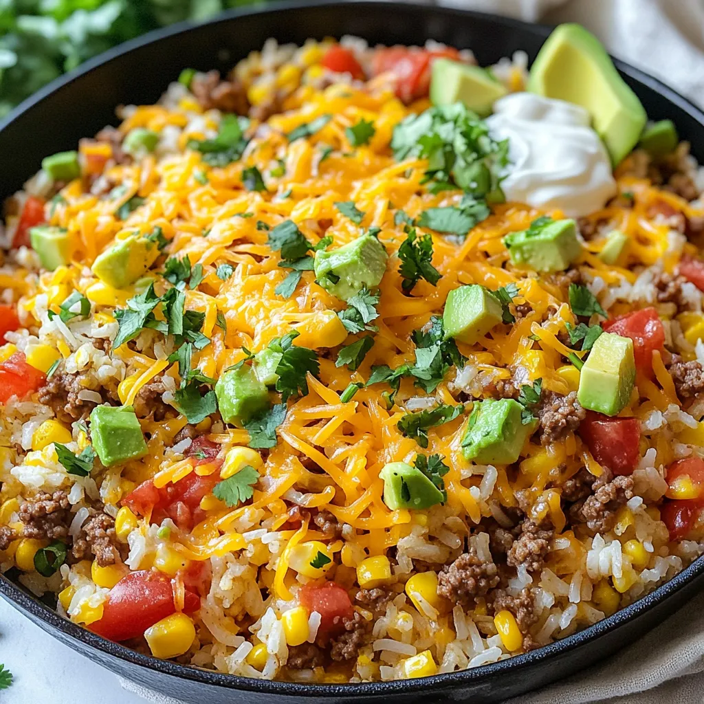 To make Cheesy Taco Rice Skillet, gather these ingredients: - 1 cup long-grain white rice - 2 cups vegetable broth - 1 pound ground beef or turkey - 1 tablespoon olive oil - 1 small onion, diced - 2 cloves garlic, minced - 1 packet taco seasoning - 1 cup corn (fresh or frozen) - 1 cup diced tomatoes (canned or fresh) - 1 cup shredded cheddar cheese - Fresh cilantro, chopped You can swap some ingredients for different flavors or diets: - Use black beans instead of ground beef or turkey for a vegetarian option. - Chicken broth can replace vegetable broth for a richer taste. - If you don’t have taco seasoning, mix chili powder, cumin, and paprika instead. - For a lighter dish, use ground turkey or chicken. Add fun toppings to make it your own: - Slices of avocado for creaminess. - A dollop of sour cream for tangy flavor. - Jalapeños for a spicy kick. - Extra cilantro for fresh taste. These ingredients and options help create a tasty meal that everyone will love! {{ingredient_image_1}} First, take a medium saucepan. Pour in 2 cups of vegetable broth. Bring it to a boil over high heat. Once boiling, add 1 cup of long-grain white rice. Lower the heat and cover the pot. Let it simmer for about 15 minutes. The rice will absorb all the liquid. After 15 minutes, check if it's tender. If so, remove it from heat and set it aside. Now, grab a large skillet and heat 1 tablespoon of olive oil over medium heat. Add 1 small diced onion to the skillet. Cook the onion for about 3-4 minutes until it is soft. Next, add 2 cloves of minced garlic. Let it cook for another minute. Then, add 1 pound of ground beef or turkey. Break it up with a spatula as it cooks. Cook until it is browned, which takes about 5-7 minutes. Drain any extra fat from the skillet. Sprinkle a packet of taco seasoning over the meat. Add 1 cup of corn and 1 cup of diced tomatoes. Stir everything together and let it simmer for 5 minutes. Now, it’s time to mix everything. Fold in the cooked rice into the skillet mixture. Stir until all the ingredients are well combined and heated through. Then, sprinkle 1 cup of shredded cheddar cheese on top. Cover the skillet with a lid and let it cook on low heat for 2-3 minutes. This will melt the cheese perfectly. Once melted, remove from heat. You can garnish it with chopped cilantro and add any optional toppings like avocado, sour cream, or jalapeños before serving. Enjoy your meal! To make the best Cheesy Taco Rice Skillet, follow these tips: - Use long-grain white rice for great texture. - Always cook the rice in vegetable broth for added flavor. - Let the onion cook until soft before adding garlic. This brings out the sweet taste. - Cook the meat well to avoid a greasy dish. Drain excess fat if needed. - Stir often to mix the flavors and prevent sticking. Avoid these common mistakes for a perfect dish: - Do not skip the seasoning. It adds depth to the meal. - Overcooking the rice can make it mushy. Check it often. - Forgetting to drain the meat can lead to a watery skillet. - Adding cheese too early can cause it to burn. Wait until the end to melt it. Boost the flavor of your dish with these ideas: - Add fresh lime juice before serving for a zesty twist. - Mix in some diced bell peppers for crunch and color. - Top with fresh herbs like cilantro or green onions for freshness. - Use spicy taco seasoning for a kick. - Serve with avocado or jalapeños for a creamy or spicy finish. Pro Tips Use Brown Rice for Extra Nutrients: Substituting long-grain white rice with brown rice will add fiber and nutrients, but remember to adjust the cooking time and liquid accordingly. Make it Spicy: If you love heat, add some diced jalapeños directly into the skillet or sprinkle crushed red pepper flakes over the top before serving. Meal Prep Friendly: This dish is great for meal prepping! Make a double batch and store leftovers in individual containers for easy lunches throughout the week. Customize Your Toppings: Feel free to get creative with toppings! Consider adding sliced olives, diced green onions, or a squeeze of lime for added flavor. {{image_2}} You can make this dish vegetarian by swapping the meat for black beans. Use one can of black beans, rinsed and drained. For a vegan option, skip the cheese or use a plant-based cheese. You can also add more veggies like bell peppers or zucchini for extra flavor and nutrition. To spice up your Cheesy Taco Rice Skillet, add diced jalapeños while cooking the onions. You can also use spicy taco seasoning. If you love heat, try adding a few dashes of hot sauce before serving. This will give your dish a nice kick without losing its creamy goodness. Feel free to get creative! You can mix in extra ingredients like diced bell peppers or black olives. For added crunch, think about topping with crushed tortilla chips. If you want more protein, chickpeas or lentils work great. Experiment and find your favorite combos! To store leftovers, let the Cheesy Taco Rice Skillet cool first. Use an airtight container. Place it in the fridge. It stays fresh for about three days. If you want to keep it longer, freezing is a great option. When you are ready to eat, take it out of the fridge. Heat it in a skillet over medium heat. Stir often to warm it evenly. For quick reheating, use the microwave. Just cover it loosely and heat in 30-second bursts until hot. To freeze, portion the dish into smaller containers. Make sure they are freezer-safe. Label each container with the date. The dish can last up to three months in the freezer. When ready to eat, thaw it overnight in the fridge before reheating. Yes, you can make Cheesy Taco Rice Skillet in advance. Cook the dish, then let it cool. Store it in an airtight container in the fridge. It will last for about three days. When you are ready to eat, just reheat it on the stove or in the microwave. You can serve many sides with this dish. Here are a few ideas: - Chips and salsa: This adds a nice crunch. - Guacamole: It gives a fresh taste. - Side salad: A simple green salad pairs well. - Refried beans: They add more protein and fiber. To change the spice level, you can do a few things: - Use mild taco seasoning for less heat. - Add diced jalapeños for extra spice. - Serve with a spicy salsa on the side. - Use hot sauce to spice it up as you like. These options let you make the dish just right for your taste. You learned about all the ingredients needed for a tasty Cheesy Taco Rice Skillet. We covered substitutions, optional toppings, and ways to prepare each part. I shared tips to avoid common mistakes and enhance flavor. You can also explore variations for different diets and spice levels. Remember, cooking is fun and flexible. Don’t stress about being perfect; enjoy the process and customize as you wish. Go ahead and make that skillet dish your own!