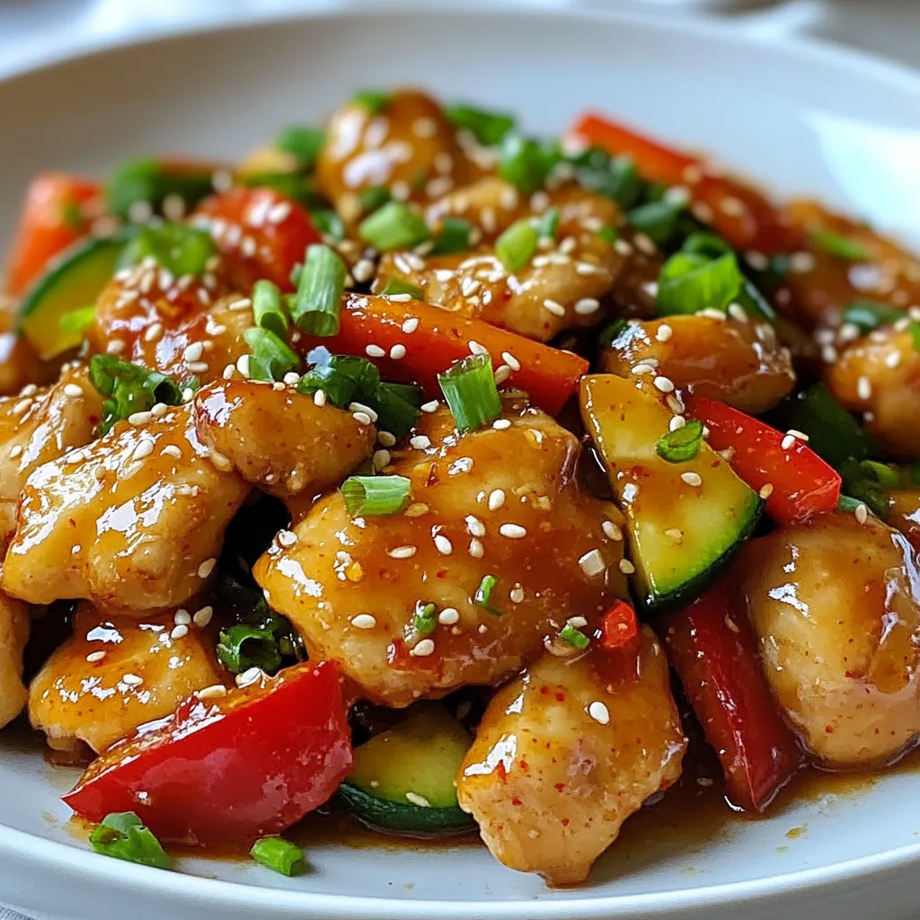 - 1 lb (450g) boneless chicken thighs, cut into bite-sized pieces - 1/2 cup sweet chili sauce - 2 tablespoons soy sauce - 1 tablespoon rice vinegar - 1 tablespoon honey - 2 garlic cloves, minced - 1 teaspoon fresh ginger, grated - 1 bell pepper (red or yellow), sliced - 1 small zucchini, sliced - 1 tablespoon vegetable oil - 1 teaspoon sesame oil - Salt and pepper to taste - 2 green onions, chopped (for garnish) - Sesame seeds (for garnish) When choosing chicken, look for bright pink meat. It should feel firm to the touch. For bell peppers, pick ones with smooth skin and vibrant color. Zucchini should be firm, not soft. Fresh garlic should smell strong and have tight skins. Always check the date on sauces to ensure freshness. If you can’t find chicken thighs, use boneless chicken breasts. They work well too. Instead of sweet chili sauce, try teriyaki sauce for a different taste. If you're out of rice vinegar, apple cider vinegar is a good swap. For a healthier option, use agave syrup instead of honey. {{ingredient_image_1}} First, gather all your ingredients. You will need boneless chicken thighs, sweet chili sauce, soy sauce, rice vinegar, honey, garlic, ginger, bell pepper, zucchini, vegetable oil, sesame oil, salt, pepper, green onions, and sesame seeds. This recipe takes about 40 minutes from start to finish. In a large bowl, mix the sweet chili sauce, soy sauce, rice vinegar, honey, minced garlic, and grated ginger. This mix gives the chicken lots of flavor. Now, add the chicken pieces and toss well to coat every piece. Cover the bowl and let it marinate for at least 30 minutes. If you have time, let it sit overnight in the fridge. This makes the chicken even tastier. Heat the vegetable oil in a large skillet or wok over medium-high heat. Once hot, add the chicken, discarding any extra marinade. Stir-fry the chicken for about 5 to 7 minutes. Look for a golden brown color and ensure it’s fully cooked. Next, add the sliced bell pepper and zucchini. Continue to stir-fry for another 3 to 4 minutes, until the veggies are tender but still a bit crisp. Drizzle sesame oil over the chicken and veggies, then season with salt and pepper. Mix everything well and remove it from the heat. Transfer your Sweet Chili Chicken to a serving dish and garnish with chopped green onions and sesame seeds. Enjoy this delicious meal with family or friends! To get the best sauce on your chicken, start with a good marinade. Mix sweet chili sauce, soy sauce, rice vinegar, honey, garlic, and ginger well. Marinate the chicken for at least 30 minutes. This helps the flavors soak in. For even more taste, marinate overnight. After cooking, drizzle some sesame oil over the dish to enhance the flavor. Using the right tools makes cooking easier. Here’s what I recommend: - A large mixing bowl for marinating the chicken. - A large skillet or wok for stir-frying. - A spatula for flipping and mixing. - A sharp knife for slicing vegetables. - Measuring cups and spoons for accuracy. These tools help you cook like a pro. Avoid these common mistakes when making sweet chili chicken: - Don’t skip marinating. It adds lots of flavor. - Make sure your skillet is hot before adding the chicken. This helps it cook evenly. - Don’t crowd the pan. Cook in batches if needed. This keeps the chicken from steaming and helps it brown. - Lastly, be careful not to overcook the chicken. It should be juicy, not dry. By following these tips, you’ll create a delicious sweet chili chicken every time! Pro Tips Marinate for Maximum Flavor: For the best taste, marinate the chicken overnight. This allows the flavors to penetrate deeply into the meat. Use Fresh Ingredients: Fresh garlic and ginger will enhance the flavor profile significantly. Try to avoid pre-minced or jarred options. Customize Your Veggies: Feel free to substitute or add other vegetables like broccoli or snap peas based on your preference or what you have on hand. Adjust the Heat: If you like a bit of spice, add some red pepper flakes or sliced fresh chili to the stir-fry for an extra kick. {{image_2}} You can easily add more veggies for color and nutrition. Bell peppers and zucchini work great. Just slice them up and toss them in during cooking. This addition makes your dish look vibrant. It also adds crunch and flavor. Stir-fry the veggies for just a few minutes. This way, they stay crisp and fresh. You can use other veggies like broccoli or snap peas too. They all go well with sweet chili sauce. If you love heat, try adding chili flakes or fresh chilies. This will kick your dish up a notch. Mix them in with the marinade for a spicy blend. You can also add sriracha sauce for an extra kick. Adjust the heat level to your taste. Remember, a little goes a long way! This spicy twist offers a new flavor that many will enjoy. If you need a gluten-free meal, choose gluten-free soy sauce. Many brands offer this option, so it’s easy to find. Just swap it in for regular soy sauce in the recipe. You can also check the sweet chili sauce label. Some brands contain gluten. Select a gluten-free version to keep your dish safe. By making these small changes, you can enjoy sweet chili chicken without worry. To keep your sweet chili chicken fresh, let it cool first. Place it in an airtight container. Store it in the fridge for up to three days. This way, you keep the flavors intact. If you want to keep it longer, consider freezing it. When you are ready to enjoy your leftovers, simply reheat them. You can use the microwave or a skillet. If using a microwave, heat for 1-2 minutes. Stir halfway to ensure even warmth. If using a skillet, add a splash of water to keep it moist. Heat over medium until hot. To freeze sweet chili chicken, pack it in a freezer-safe container. Make sure to remove as much air as possible. It can last up to three months in the freezer. When ready, thaw it overnight in the fridge before reheating. This keeps the dish tasty and safe to eat. You can pair Sweet Chili Chicken with many sides. Here are some great options: - Steamed rice - Fried rice - Noodles - Stir-fried vegetables - A fresh salad These sides will balance the sweet and spicy flavors of the chicken. You can marinate the chicken for at least 30 minutes. This time helps the chicken soak up the flavors. For the best taste, marinate it overnight. This longer time gives the chicken a richer flavor. Yes, you can prepare this recipe ahead of time. Cook the chicken and veggies and store them in the fridge. Just reheat them on the stove or in the microwave when you are ready to eat. This makes meal prep easy! This post covered the key ingredients for sweet chili chicken, from fresh choices to handy substitutions. We explored easy, step-by-step cooking instructions, including marinating and stir-frying. I shared tips for the perfect sauce and tools to use, along with common mistakes to avoid. We discussed tasty variations and crucial storage tips. All these insights will help you make a great dish. Enjoy your sweet chili chicken and share your experiences!