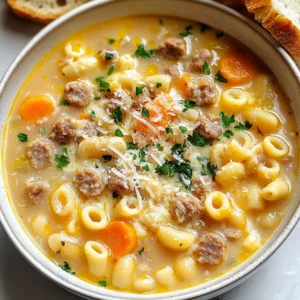 - 1 pound Italian sausage - 1 medium onion, diced - 6 cups chicken broth - 1 cup heavy cream - 3 cloves garlic, minced - 3 medium carrots, diced - 2 celery stalks, diced - 1 (14.5 oz) can diced tomatoes - 1 (15 oz) can cannellini beans - 1 cup ditalini pasta - Italian seasoning, salt, and pepper - Fresh parsley, chopped - Grated Parmesan cheese When I set out to create the perfect creamy sausage ditalini soup, I knew the ingredients had to shine. Each one plays a key role in building the soup's rich flavor. The main ingredient is Italian sausage. You can choose mild or spicy sausage. It adds depth and warmth. Next, the onion adds sweetness and aroma when saut&eacute;ed. Combine that with garlic, and you start to build a lovely base. The broth is crucial. I use chicken broth for its rich taste. It holds the soup together and gives it body. Then, the heavy cream adds a smooth, luscious texture. Moving on to the additional ingredients, carrots and celery bring freshness. They add a nice crunch that contrasts with the creamy broth. Diced tomatoes give brightness and a slight tang. Cannellini beans add protein and heartiness, making the soup filling. Ditalini pasta is the perfect choice. It holds the soup well, so each bite is satisfying. For seasoning, I use Italian seasoning, salt, and pepper. They enhance all the flavors without overpowering them. Finally, when serving, I recommend garnishing with fresh parsley and grated Parmesan. They add color and extra flavor. This soup is not just a meal; it&rsquo;s a warm embrace in a bowl. Each ingredient plays a part in making it hearty and flavorful. {{ingredient_image_1}} Start by heating a splash of olive oil in a large pot over medium heat. Add 1 pound of Italian sausage to the pot. Cook it until it turns brown and crispy. Use a spoon to break it apart as it cooks. Once done, transfer the sausage to a plate and set it aside. This gives the sausage time to rest and keeps it juicy. In the same pot, add the diced onion, carrots, and celery. Stir them well and saut&eacute; for about 5 minutes. You want the vegetables to soften a bit. Next, stir in 3 cloves of minced garlic. Cook this for another minute until you smell that great garlic aroma. This step builds a solid flavor base for your soup. Now, pour in 6 cups of chicken broth. Add the can of diced tomatoes, making sure you include the juice, along with 1 can of rinsed and drained cannellini beans. Stir everything together well. Bring the mixture to a boil. Once boiling, add in 1 cup of ditalini pasta. Lower the heat and let it simmer for about 10 to 12 minutes. Check the pasta to ensure it's al dente. Finally, return the cooked sausage to the pot. Stir in 1 cup of heavy cream and 1 teaspoon of Italian seasoning. Season with salt and pepper to taste. Let everything simmer for another 3 to 5 minutes to heat through. This step blends all the flavors together and makes the soup creamy and rich. To avoid overcooking the pasta, add it when the soup boils. Set a timer for the ditalini. Cook it just until it's firm, or al dente. This way, it won't turn mushy in your soup. If you like a creamier soup, add more heavy cream. Start with half a cup and adjust to your taste. You can also use half-and-half if you want a lighter option. For extra flavor, consider adding fresh herbs like basil or oregano. A pinch of red pepper flakes can add warmth without overpowering. I love using mild Italian sausage for a classic taste. But spicy sausage adds a fun kick. Try chicken sausage for a lighter dish, too! Each type brings its own flavor, so choose what you enjoy most. Serve your soup with a fresh side salad or some roasted veggies. These add freshness and crunch. You can't go wrong with crusty bread. A warm baguette or sourdough pairs perfectly. Dip it into the soup for a delightful bite. Don't forget to sprinkle fresh parsley and Parmesan on top for a beautiful finish! Pro Tips Use Quality Sausage: Opt for high-quality Italian sausage for a richer flavor. If possible, buy fresh sausage from a local butcher for the best taste. Customize the Veggies: Feel free to add or substitute vegetables based on what you have on hand, such as bell peppers or spinach, for added nutrition and flavor. Adjust Creaminess: For a lighter soup, reduce the amount of heavy cream or replace it with half-and-half or a plant-based cream alternative. Let It Rest: Allow the soup to sit for a few minutes after cooking. This resting time helps the flavors meld together, enhancing the overall taste. {{image_2}} You can change up this soup with different beans. White beans are great, but you can also use black beans. They add a nice color and taste. If you want a lighter meal, try turkey sausage instead of Italian sausage. This swap keeps the flavor but cuts down the fat. To make Creamy Sausage Ditalini Soup gluten-free, use gluten-free pasta. Many brands offer great options. For a dairy-free version, swap heavy cream with coconut milk. It keeps the soup creamy while adding a hint of sweetness. Adding Italian greens like kale or spinach gives extra nutrients. You can stir them in near the end of cooking. For those who like heat, add crushed red pepper flakes. This gives the soup a spicy kick, perfect for chilly days. Adjust the amount based on your taste. To keep your Creamy Sausage Ditalini Soup fresh, store it in an airtight container. Let the soup cool to room temperature before sealing. Place it in the fridge for up to four days. If you want to freeze it, pour the soup into freezer-safe bags. Remove as much air as possible to prevent freezer burn. Lay the bags flat for easy stacking. When ready to eat, thaw it overnight in the fridge. Reheat it on the stove over low heat, stirring often to warm evenly. Creamy Sausage Ditalini Soup can last in the fridge for about four days. If frozen, it can stay good for three months. Always check for signs of spoilage. If the soup smells sour or shows mold, discard it. Changes in color or texture can also mean it&rsquo;s time to toss it out. You can make this soup ahead of time for busy weeknights. It&rsquo;s easy to prepare in large batches. Store it in single-serving containers for quick meals. Pair it with a slice of crusty bread or a simple salad for a complete meal. This soup also tastes great the next day, as the flavors deepen overnight. Yes, you can make Creamy Sausage Ditalini Soup ahead of time. To do this, follow these best practices: - Prepare the soup as directed, but do not add the cream. - Allow the soup to cool completely. - Store it in an airtight container in the fridge for up to three days. - When ready to eat, reheat the soup on the stove. Add cream slowly while stirring to keep it smooth. Making it this way helps the flavors blend well. You can also freeze the soup for up to three months. Just remember to leave out the cream before freezing. This soup pairs well with several sides. Here are some great options: - Crusty bread for dipping. - A fresh green salad for a light touch. - Garlic knots for a tasty bite. - Grilled cheese sandwiches for a comforting combo. These sides will enhance your meal and provide a satisfying experience. If you want to add heat, there are some easy tips to follow: - Use spicy Italian sausage instead of mild. - Add red pepper flakes when cooking the sausage. - Stir in some diced jalape&ntilde;os or a splash of hot sauce before serving. - For a smoky touch, add a chipotle pepper in adobo sauce. These methods will give your soup the kick you crave! Yes, you can use different pasta types in this soup. Here are some alternatives: - Small shells or macaroni can be great substitutes. - Orzo adds a nice texture and cooks quickly. - Gluten-free pasta works well for those with dietary needs. Choose any pasta you enjoy. Just adjust cooking time based on the type you use. You learned how to create a delicious Creamy Sausage Ditalini Soup. We covered main ingredients like Italian sausage, cream, and chicken broth. I shared step-by-step instructions to help you cook it right. Tips and variations let you tweak the recipe to suit your taste. Remember, fresh herbs and the right sides can make it even better. Enjoy trying this recipe; it&rsquo;s simple and very tasty. You&rsquo;ll impress everyone at your table!