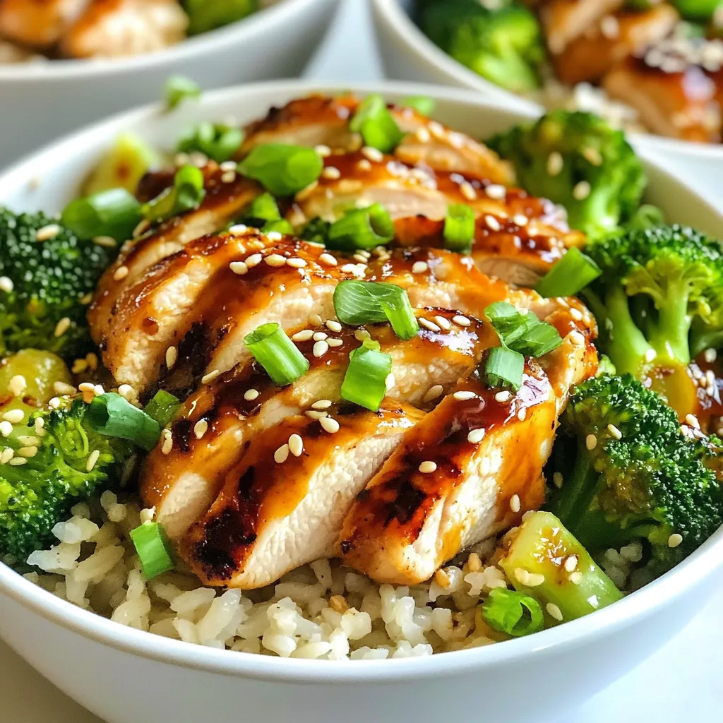 - 2 boneless, skinless chicken breasts - 2 cups broccoli florets - 1 cup cooked brown rice - 3 tablespoons olive oil - 2 tablespoons soy sauce (or tamari for gluten-free) - 4 cloves garlic, minced - 1 tablespoon freshly grated ginger - 1 tablespoon sesame oil - Salt and pepper to taste - 1 teaspoon red pepper flakes (optional for heat) - 2 green onions, sliced - Sesame seeds You will need items like a bowl for marinating, a grill, and a skillet. For steaming, a pot with a lid works well. These tools help make your cooking smooth and easy. {{ingredient_image_1}} To start, you need to marinate the chicken. In a bowl, mix 2 tablespoons of olive oil, soy sauce, minced garlic, grated ginger, salt, and pepper. Make sure to coat the chicken breasts well. Cover the bowl and let it sit for at least 30 minutes. If you have time, marinate it in the fridge for up to 2 hours. This adds great flavor to the chicken. While your chicken marinates, it’s time to prepare the broccoli. Steam 2 cups of broccoli florets for about 4 to 5 minutes. You want them bright green and tender-crisp. Once done, take them off the heat and set them aside. Perfectly steamed broccoli adds a nice crunch to your bowl. Now, let's grill the chicken. Preheat your grill or grill pan over medium-high heat. Take the chicken out of the marinade, letting any extra drip off. Grill each side for about 6 to 7 minutes. The chicken should reach an internal temperature of 165°F. After grilling, let the chicken rest for 5 minutes before slicing it. This keeps the chicken juicy. Next, make the garlic sauce. In a small skillet, heat the last tablespoon of olive oil over medium heat. Add the minced garlic and red pepper flakes if you like some heat. Sauté for 1 to 2 minutes until it smells great. Then, remove it from heat and stir in sesame oil. This sauce brings a lot of flavor to your dish. To assemble your bowls, grab a large bowl. Start with a layer of cooked brown rice. Next, add the steamed broccoli and then the sliced grilled chicken. Drizzle the garlic sauce over everything. You want to make sure every bite is full of flavor. Finally, it’s time to garnish and serve. Top your bowls with sliced green onions and a sprinkle of sesame seeds. This adds color and a nice touch to your meal. Enjoy your Grilled Chicken Broccoli Bowls with Garlic Sauce! To marinate chicken well, mix olive oil, soy sauce, garlic, ginger, salt, and pepper. Make sure the chicken breasts are fully covered. Let them sit for at least 30 minutes. If you have time, two hours is even better. The longer the chicken marinates, the more flavor it gets. Steam the broccoli until it is bright green. This usually takes about 4-5 minutes. You want it tender but still crisp. Avoid overcooking it. If you do, it will become mushy. To keep it vibrant, place the steamed broccoli in cold water for a moment. Preheat your grill to medium-high heat. Remove the chicken from the marinade and let the extra drip off. Grill each side for about 6-7 minutes. Make sure the chicken is cooked all the way through. The inside should reach 165°F. Always let the grilled chicken rest for 5 minutes before slicing. To make the garlic sauce, sauté minced garlic in olive oil for 1-2 minutes. Add red pepper flakes if you like spice. Mix in sesame oil after removing from heat. Taste the sauce and adjust. If you want more heat, add a pinch of red pepper flakes. For extra flavor, add a splash of soy sauce. Pro Tips Marinating Time Matters: The longer you marinate the chicken, the more flavorful it will be. Aim for at least 30 minutes, but if you can let it sit for a couple of hours, you'll notice a big difference. Perfectly Steamed Broccoli: To retain the vibrant color and nutrients, steam the broccoli just until tender-crisp. This usually takes about 4-5 minutes. Avoid overcooking! Check Chicken Doneness: Always use a meat thermometer to ensure your chicken reaches an internal temperature of 165°F. This guarantees that it's fully cooked and safe to eat. Customize Your Sauce: Feel free to adjust the garlic sauce to your taste. Add more ginger for a spicy kick or a dash of honey for sweetness if you prefer a different flavor profile. {{image_2}} You can swap chicken breasts for chicken thighs. Thighs stay juicy and tender. For a lighter option, use turkey breast. If you want a plant-based meal, try tofu or tempeh. These options soak up the garlic sauce well. Feel free to mix in other veggies. Bell peppers add color and sweetness. Carrots bring crunch and a pop of flavor. Snap peas or green beans give a nice texture. You can also use zucchini or asparagus for a fresh twist. Garlic sauce is great, but don’t stop there! You could use teriyaki sauce for a sweet touch. A spicy chili sauce adds heat and zing. For a creamy option, try a tahini sauce. Each choice offers a new flavor adventure. To store your leftover bowls, first let them cool down. Then, place them in an airtight container. Make sure to separate the chicken, broccoli, and rice if possible. This helps keep everything fresh. Store the container in the fridge. Your bowls will last for up to three days. When you want to enjoy your leftovers, reheat them well. You can use a microwave or a skillet. For the microwave, heat for about 1-2 minutes. Stir halfway to ensure even heating. In a skillet, add a splash of water and cover. Heat on low until warm, about 5 minutes. This will keep the chicken juicy and the broccoli crisp. Meal prep makes weeknight dinners easy. Start by cooking a larger batch of chicken and rice. Store them separately in the fridge. Steam extra broccoli and keep it fresh in a container. You can mix and match as you go. This way, you can create quick and tasty bowls all week long. Yes, you can use chicken thighs. They stay juicy and are flavorful. Just adjust the cooking time. Thighs may need a few extra minutes on the grill. Grilling chicken takes about 12 to 14 minutes. Cook for 6-7 minutes on each side. Always check for an internal temperature of 165°F to ensure it's safe to eat. If you need a soy sauce alternative, try tamari. It is gluten-free and has a similar taste. Coconut aminos are another great choice. They are sweeter and less salty. Yes, you can prepare this recipe in advance. Marinate the chicken the night before. You can also steam the broccoli ahead. Just store them in the fridge until you're ready to grill. This recipe is naturally dairy-free. Use olive oil and sesame oil for flavor. No dairy ingredients are needed, so it fits well for dairy-free diets. Enjoy your meal without worry! Grilled chicken broccoli bowls are simple and tasty. You learned about the main ingredients, optional garnishes, and needed cooking staples. I provided steps for marinating, grilling, and making garlic sauce. Along with tips for flavor, I shared variations and storage info to keep your meal fresh. Enjoy trying this recipe your way. It’s easy to adapt and fun to make!