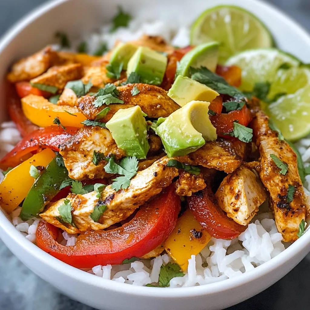 - 1 lb chicken breast, sliced into thin strips - 1 bell pepper (red, yellow, or green), sliced - 1 onion, sliced - 1 teaspoon chili powder - 1 teaspoon cumin - 1 teaspoon paprika - 1 tablespoon olive oil - Salt and pepper, to taste - 2 cups cooked rice (white or brown) - 1 cup black beans, drained and rinsed - 1 avocado, diced - 1 cup corn (canned or frozen, thawed) - Fresh cilantro, chopped (for garnish) - Lime wedges (for serving) When making Chicken Fajita Rice Bowls, you need fresh and tasty ingredients. First, let's talk about the main ingredients. You want to use good quality chicken breast. Slice it into thin strips. This helps it cook evenly. Next, choose a bell pepper. You can use red, yellow, or green. Each adds a different flavor and color. Don't forget the onion! Slice it thin. Onions add sweetness and depth to your dish. Now, for seasonings and oils. You'll need chili powder, cumin, and paprika. Each spice gives your chicken flavor and warmth. Use olive oil to cook everything. It adds richness. Finally, season with salt and pepper to taste. Rice is the next part of your dish. You can use white or brown rice. Cook it before adding it to your bowls. For toppings, include black beans for protein. Diced avocado adds creaminess. Corn brings sweetness. Fresh cilantro gives a bright touch. Lastly, serve with lime wedges. A squeeze of lime lifts all the flavors. Enjoy your cooking! {{ingredient_image_1}} - In a medium bowl, combine the chicken strips with chili powder, cumin, paprika, olive oil, salt, and pepper. - Mix well and let it marinate for at least 15-20 minutes. This enhances the flavor greatly. - Heat a large skillet over medium-high heat. - Add the marinated chicken to the skillet. Cook for about 5-7 minutes, until the chicken is fully cooked and golden brown. - Remove the chicken from the skillet and set it aside. - In the same skillet, add the sliced bell pepper and onion. - Sauté for about 3-4 minutes until the veggies are tender but still crisp. - Season with a little salt and pepper for added flavor. - Add the cooked chicken back into the skillet with the sautéed veggies. - Stir in the black beans and corn. Cook for an additional 2 minutes until everything is heated through. - In serving bowls, place a generous scoop of cooked rice as the base. - Top with the chicken and veggie mixture. Add diced avocado on top for creaminess. - Finish with fresh cilantro and a squeeze of lime juice for a bright taste. - Serve with lime wedges on the side for extra flavor. - Ensure chicken is marinated for full flavor. - Marinate for at least 15-20 minutes. This time allows spices to soak in. - Adjust cook time based on chicken thickness. Thicker strips need more time to cook. - Layering ingredients for visual appeal makes your bowl eye-catching. - Start with rice, then add chicken and veggies on top. - Use colorful veggies for variety. Red, yellow, and green peppers look great together. - Add additional spices for a kick. Try cayenne or red pepper flakes. - Serve with salsa or yogurt to boost flavor. A fresh salsa adds a nice touch. Pro Tips Marinate for Maximum Flavor: Allow the chicken to marinate for at least 30 minutes, or even overnight, to deepen the flavors. Choose Your Veggies Wisely: Feel free to add other vegetables like zucchini or mushrooms for extra flavor and nutrition. Perfectly Cooked Rice: Use day-old rice or allow freshly cooked rice to cool for a while to prevent it from becoming mushy. Presentation Matters: Layer your ingredients in the bowl for a beautiful presentation, and don't forget to garnish with cilantro and lime! {{image_2}} You can easily swap chicken for tofu. Tofu absorbs flavors well, making it a great choice. Just marinate it like you would the chicken. You can add more veggies for extra crunch and color. Try zucchini, mushrooms, or even sweet potatoes. If you want to change the base, try quinoa or cauliflower rice. Quinoa adds protein and has a nutty taste. Cauliflower rice is low in carbs and very light. You can also use brown rice for more fiber or jasmine rice for a fragrant twist. Feel free to mix and match spices for new flavors. Try adding taco seasoning, or even some smoked paprika for a deeper taste. You can also use different beans, like pinto or kidney beans. They will give your dish a unique twist. Store your Chicken Fajita Rice Bowls in airtight containers. This keeps them fresh. I recommend using glass or BPA-free plastic containers. Make sure they cool before sealing. Leftovers can last up to three days in the fridge. You can reheat your bowls in a microwave or a skillet. If using the microwave, cover the bowl to keep moisture in. Heat for one to two minutes. Stir halfway to ensure even warming. For the skillet, add a splash of water and heat on low. This helps avoid soggy rice. To freeze an assembled bowl, wrap it tightly in plastic wrap. Then, place it in a freezer-safe bag. Remove as much air as possible. Your bowls can stay fresh for up to three months. When you're ready to eat, thaw the bowl overnight in the fridge. Reheat as described above. Enjoy your meal! Yes, you can use frozen chicken. Just be sure to thaw it before cooking. Thawing helps the chicken cook evenly. You can leave it in the fridge overnight or use the microwave for a quick thaw. Once thawed, season and marinate as usual. Your chicken will turn out just as tasty! To add heat, try using more chili powder or add cayenne pepper. You can also incorporate diced jalapeños or hot sauce into the chicken mix. For a unique twist, grill the peppers with a sprinkle of chipotle powder. Adjust the spice level to suit your taste. Absolutely! You can prepare the chicken and veggies a day ahead. Cook and store them in the fridge. When you're ready to eat, just heat everything in a skillet. This makes a quick meal on busy days. You can also cook the rice in advance for added convenience. There are many delicious toppings to choose from! You can add shredded cheese like cheddar or queso fresco. Sour cream, pico de gallo, or guacamole also work well. Consider adding fresh jalapeños, olives, or even a sprinkle of crushed tortilla chips for crunch. Mix and match to create your perfect bowl! This post covered how to make tasty fajita rice bowls. We went through the key ingredients, like chicken, bell peppers, and black beans. You learned step-by-step instructions to marinate and cook the chicken, sauté the veggies, and assemble the bowls. I shared tips for flavor and presentation, plus variations to meet different tastes. Finally, we discussed storage and reheating methods for leftovers. Enjoy creating your fajita rice bowls, and feel free to experiment with your favorite ingredients!