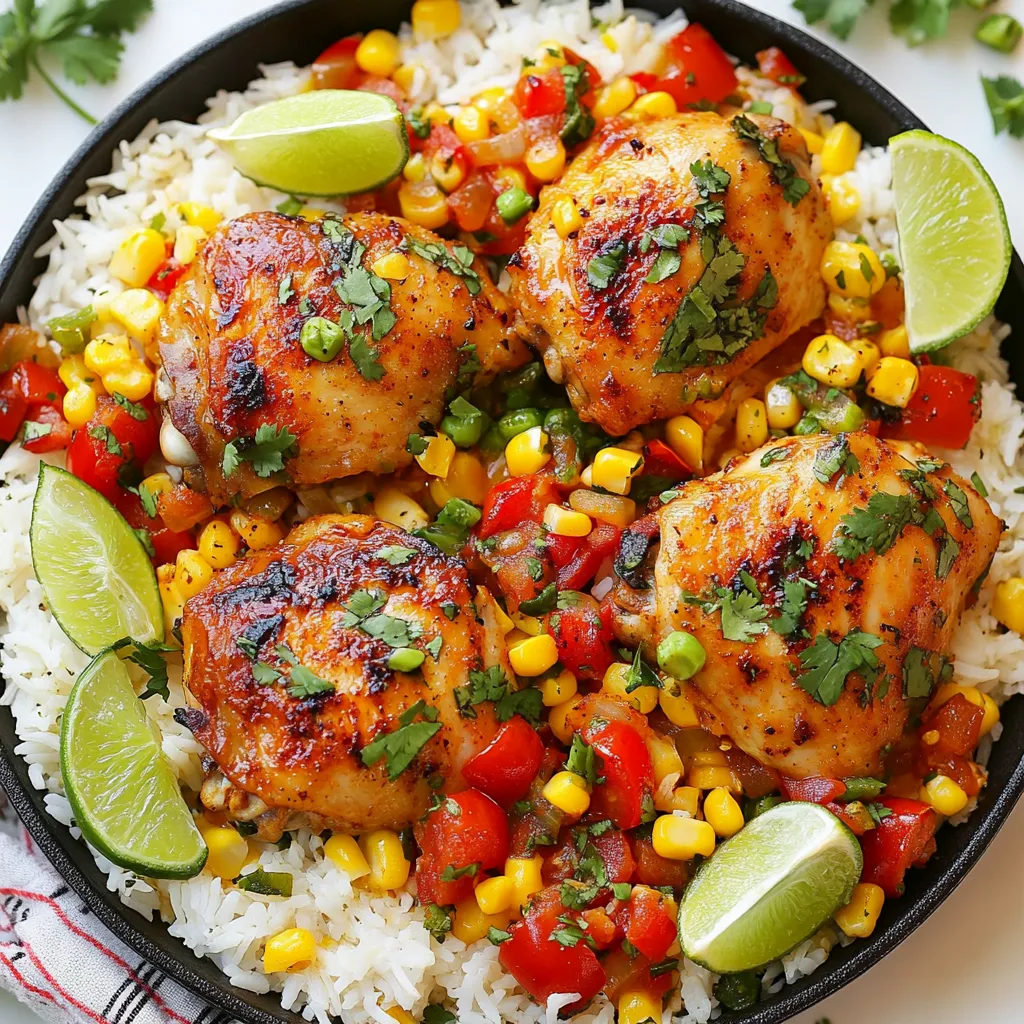 To make Pollo Loco Chicken and Rice, you need the following: - 4 chicken thighs (boneless, skinless) - 1 tablespoon olive oil - 1 onion, diced - 4 garlic cloves, minced - 1 bell pepper (red or green), chopped - 1 cup long-grain white rice - 2 cups chicken broth - 1 can (15 oz) diced tomatoes with green chilies - 1 teaspoon smoked paprika - 1 teaspoon cumin - 1 teaspoon chili powder - ½ teaspoon ground black pepper - ½ teaspoon salt (adjust to taste) - 1 cup frozen corn - Fresh cilantro, finely chopped (for garnish) - Lime wedges (for serving) You can change some ingredients if you need to. Here are a few ideas: - Use chicken breast instead of thighs for a leaner option. - Swap olive oil for avocado oil or canola oil. - Use yellow or white onion instead of a regular onion. - Replace long-grain rice with jasmine or basmati rice. - You can use vegetable broth instead of chicken broth for a vegetarian option. Choosing fresh ingredients makes a big difference. Here’s how to pick the best: - Chicken: Look for bright pink color and firm texture. Avoid any with a strong odor. - Vegetables: Choose onions that are firm and without soft spots. Pick bell peppers that are shiny and have a firm skin. - Rice: Check the packaging for damage. Look for grains that are clear and not broken. - Cilantro: Fresh cilantro should be bright green with no yellow leaves. It should smell fragrant. - Limes: Select limes that feel heavy for their size and have a smooth skin. This means they are juicy. {{ingredient_image_1}} Start by heating olive oil in a large skillet over medium heat. This oil adds flavor. While the skillet warms, season the chicken thighs with salt, black pepper, smoked paprika, cumin, and chili powder. Mix these spices well. When the oil is hot, place the chicken thighs in the skillet. Cook for about 5 to 6 minutes on each side. You want them golden brown and fully cooked. Once done, take the chicken out and set it aside on a plate. In the same skillet, add the diced onion and chopped bell pepper. Sauté them for about 3 to 4 minutes. You want the onion to become soft and see-through. Next, add the minced garlic and cook for one more minute. This will release a lovely aroma. Now, stir in the long-grain white rice. Toast it for about 2 minutes while stirring. This step adds a nice flavor to the rice. After that, pour in the chicken broth along with the can of diced tomatoes. Bring the mix to a simmer. Once it bubbles, return the cooked chicken thighs to the skillet. Cover the skillet and lower the heat. Cook for 18 to 20 minutes until the rice is tender and has absorbed the liquid. In the last 5 minutes, stir in the frozen corn. After cooking, remove the skillet from the heat. Use a fork to fluff the rice gently. This makes it light and airy. Then, sprinkle the chopped cilantro over the top. Serve the dish hot. Don’t forget to add lime wedges on the side. A squeeze of lime will brighten the meal and enhance the flavors. To get the best flavor in your Pollo Loco chicken and rice, use fresh herbs. Fresh cilantro adds a bright taste. The spices are key too. Use smoked paprika, cumin, and chili powder for depth. When you season the chicken, let it rest for a few minutes. This lets the spices soak in, making each bite packed with flavor. Start by searing the chicken thighs. This gives a nice golden crust. Use medium heat and don’t overcrowd the pan. Once the chicken is done, use the same skillet for the rice. This adds extra flavor from the chicken. Toast the rice before adding broth. This step brings out a nutty taste. Cook on low heat with a lid to keep the steam in. This way, the rice cooks evenly and absorbs all the flavors. Presentation matters, even for a simple meal. After cooking, fluff the rice with a fork. This makes it light and airy. Top with chopped cilantro for color and freshness. Serve with lime wedges on the side. A squeeze of lime adds a zesty kick. You can also add avocado slices for creaminess. This makes your dish look vibrant and appetizing. Pro Tips Marinate for More Flavor: For an extra kick of flavor, marinate the chicken thighs in the spices and olive oil for at least 30 minutes or overnight before cooking. Use Homemade Chicken Broth: If you have it, use homemade chicken broth instead of store-bought for a richer and more authentic taste. Adjust the Heat: If you prefer a milder dish, use diced tomatoes without green chilies or reduce the amount of chili powder. Perfectly Cooked Rice: Ensure the rice is cooked perfectly by not lifting the lid while it simmers, as this can release steam and affect the cooking process. {{image_2}} You can spice up your Pollo Loco Chicken and Rice easily. Adding more heat is simple. Use extra chili powder or diced jalapeños for a kick. If you like smokiness, add chipotle peppers in adobo sauce. This will give your dish a deeper flavor. Another option is to use hot salsa instead of diced tomatoes. It will enhance your dish with bold flavors. You can make a tasty vegetarian version too! Replace chicken with firm tofu or tempeh. Use vegetable broth instead of chicken broth. For flavor, add smoked paprika and cumin just like the chicken version. You can also use black beans or chickpeas for protein. These swaps make a healthy and satisfying meal. Feel free to mix in different vegetables. Add zucchini, carrots, or spinach for more nutrients. You can also use peas or green beans. If you want more protein, consider shrimp or ground beef. Just make sure to adjust cooking times based on what you add. This flexibility keeps the dish fun and fresh every time you make it. To store leftover Pollo Loco chicken and rice, wait for it to cool. Place it in an airtight container. This keeps the dish fresh. You can store it in the fridge for up to three days. Make sure to label the container with the date. This helps you keep track of how long it has been stored. When you are ready to eat the leftovers, you can reheat them easily. The best way is to use the stove. Heat a skillet on medium heat. Add a splash of chicken broth or water to avoid sticking. Stir the chicken and rice until hot. You can also use a microwave. Place the food in a microwave-safe bowl. Cover it loosely and heat for 1-2 minutes. Stir halfway to heat evenly. If you want to store the dish longer, freezing is a great option. First, let the chicken and rice cool completely. Then, place it in a freezer-safe container or zip-top bag. Remove as much air as you can before sealing. You can freeze leftovers for up to three months. When you are ready to eat, thaw it in the fridge overnight before reheating. El Pollo Loco's chicken and rice is a tasty dish that combines chicken, rice, and spices. You cook chicken thighs with spices like smoked paprika and cumin. Then, you add rice, chicken broth, and tomatoes. This dish is simple but full of flavor. To make this dish healthier, use skinless chicken thighs or breast. You can also cut down on oil and salt. Add more veggies like spinach or carrots for extra nutrients. You can swap white rice for brown rice to boost fiber. Yes, you can use brown rice instead of white rice. Brown rice has more fiber, which is good for digestion. Keep in mind that brown rice takes longer to cook. Adjust the cooking time to about 30-35 minutes instead of 18-20 minutes. Pollo Loco chicken and rice can stay fresh in the fridge for about 3-4 days. Store it in an airtight container. Make sure it cools down before putting it in the fridge to keep it safe. Great side dishes for this meal include: - Black beans - Grilled corn on the cob - Fresh guacamole - A simple green salad - Tortilla chips with salsa These sides add flavor and make your meal even better. This blog post covered how to make Pollo Loco Chicken and Rice. We talked about key ingredients, smart swaps, and tips for fresh selections. You learned step-by-step instructions for cooking and serving the dish. We shared tips for great flavor and presentation ideas. We also explored tasty variations and how to store leftovers. In closing, cooking this dish can be simple and fun. Enjoy your meal and feel good sharing it with others.
