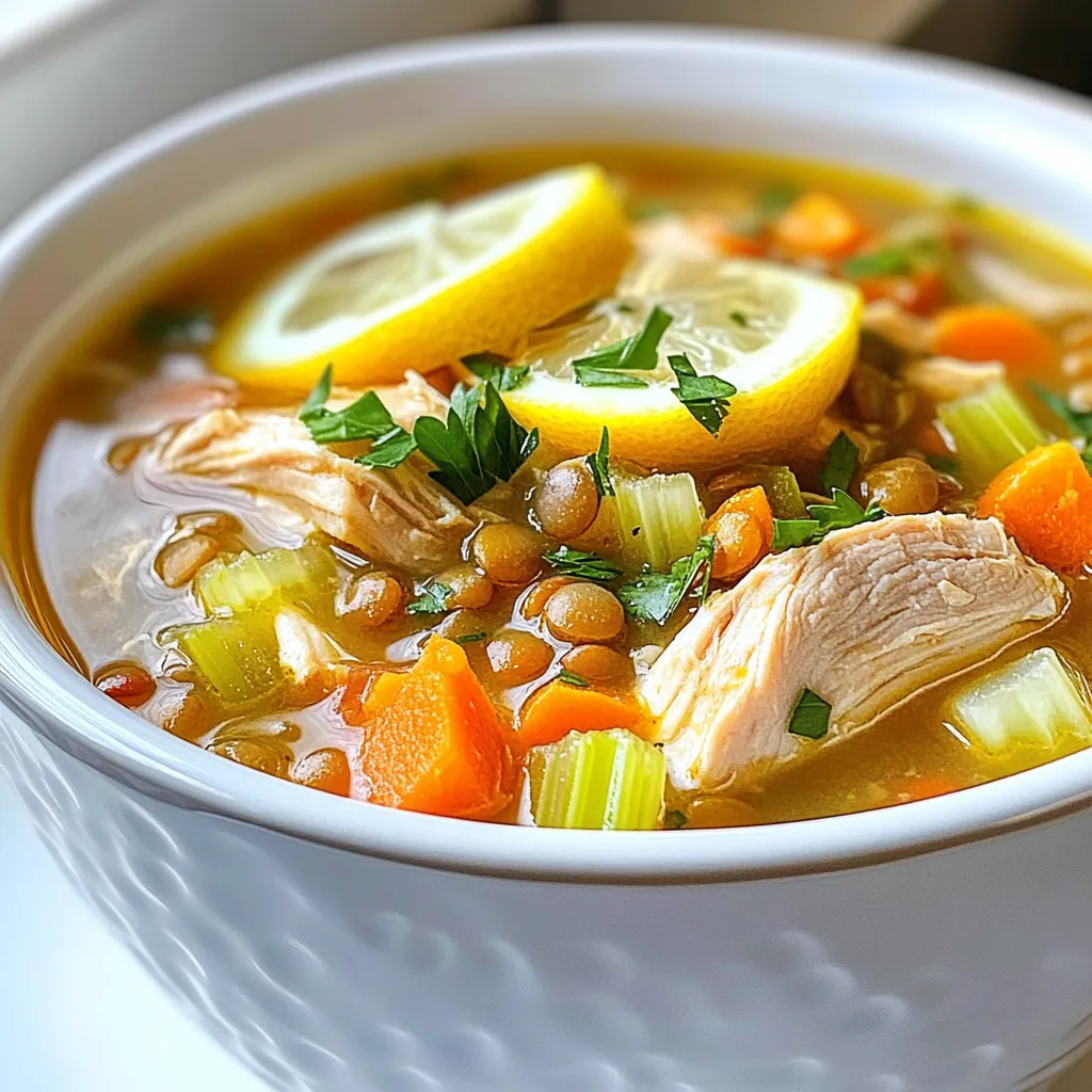 - 2 tablespoons olive oil - 1 onion, chopped - 2 carrots, diced - 2 celery stalks, diced - 3 cloves garlic, minced - 1 teaspoon ground cumin - 1 teaspoon smoked paprika - 1/2 teaspoon turmeric - 1 pound boneless, skinless chicken thighs, cut into bite-sized pieces - 1 cup dried green or brown lentils, rinsed - 6 cups chicken broth - 1 can (14 ounces) diced tomatoes (with juices) - 2 cups fresh spinach or kale, chopped - Salt and pepper to taste - Fresh lemon juice (optional, for garnish) - Fresh parsley or cilantro, chopped (for garnish) To make this soup, gather these ingredients. Each one adds flavor and nutrition. Olive oil starts the cooking. Onion, carrots, and celery add sweetness and crunch. Garlic brings a strong, aromatic taste. Spices like cumin and paprika give warmth and depth. Turmeric adds a nice color and health benefits. Chicken thighs are tender and juicy. Lentils are hearty and fill you up. Chicken broth adds a rich base, while diced tomatoes add acidity. Spinach or kale brings freshness and nutrients. Finally, season with salt, pepper, and lemon juice for a bright finish. {{ingredient_image_1}} - Heat 2 tablespoons of olive oil in a large pot over medium heat. - Add 1 chopped onion, 2 diced carrots, and 2 diced celery stalks. Sauté them for 5-7 minutes until soft. - Stir in 3 minced garlic cloves, 1 teaspoon ground cumin, 1 teaspoon smoked paprika, and 1/2 teaspoon turmeric. Cook for 1 more minute until you smell the spices. - Add 1 pound of boneless, skinless chicken thighs cut into bite-sized pieces. Brown the chicken on all sides for about 5 minutes. - Now, stir in 1 cup of rinsed green or brown lentils, 6 cups of chicken broth, and 1 can of diced tomatoes with their juices. - Bring this mixture to a boil, then reduce the heat to low. Cover the pot and simmer for 25-30 minutes until the lentils are tender. - After the lentils are cooked, add 2 cups of chopped fresh spinach or kale. Cook for 5 more minutes until the greens are wilted. - Season the soup with salt and pepper to taste. Serve hot, drizzled with fresh lemon juice and topped with chopped parsley or cilantro for extra flavor. To make your chicken lentil soup stand out, use spices and herbs wisely. I love to add ground cumin, smoked paprika, and turmeric. They bring warmth and depth to the dish. Fresh herbs like parsley or cilantro add a bright touch. Always season your soup well with salt and pepper. Taste as you cook. This way, you can adjust flavors to your liking. Cooking lentils can be tricky. Make sure to rinse them well before adding to the pot. This helps remove any dust or debris. Keep an eye on them while they cook. Overcooked lentils can become mushy, ruining the soup's texture. Cook your veggies just until tender. This keeps them flavorful and colorful in the soup. Pair your soup with crusty bread or a simple salad. This adds crunch and freshness. If you have leftovers, store them in an airtight container in the fridge. The soup will taste even better the next day! You can also freeze it for later. Just make sure to leave some space in the container for expansion. Pro Tips Use Fresh Herbs: Adding fresh parsley or cilantro at the end enhances the flavor profile and freshness of the soup. Customize Your Veggies: Feel free to add other vegetables like bell peppers or zucchini for extra nutrition and variety. Make It Ahead: This soup tastes even better the next day. Make a big batch and store it for easy meals throughout the week. Spice It Up: If you like a little heat, consider adding a pinch of red pepper flakes or a dash of hot sauce for some extra kick. {{image_2}} You can switch up the lentils in this soup. Try red, yellow, or black lentils. Each type brings a unique texture and taste. Green lentils hold their shape well, while red lentils cook down and become creamy. If you want to substitute chicken, there are many options. You can use turkey for a lighter flavor. If you prefer plant-based protein, try chickpeas or tofu. Both add great texture and soak up the soup's flavors. To make this soup vegetarian or vegan, remove the chicken and use vegetable broth. Add more lentils or beans to keep it filling. You can also include more veggies like mushrooms or zucchini for texture. For gluten-free options, this recipe is already gluten-free. Just ensure your broth is gluten-free as well. You can serve it with gluten-free bread or crackers on the side. You can find many international twists on chicken lentil soup. In India, add coconut milk and curry powder for a creamy soup. For a Middle Eastern flair, use spices like coriander and cinnamon. If you enjoy spice, add chili powder or diced jalapeños. These will give the soup a nice kick. For a creamy version, stir in some cream or yogurt before serving. This adds richness and a smooth finish. To keep your chicken lentil soup fresh, follow these tips: - Refrigerate: Cool the soup to room temperature. Store it in an airtight container. It lasts in the fridge for about 3 to 4 days. - Label: Write the date on the container. This helps you track how long it’s been stored. - Divide: If you have a large batch, divide it into smaller portions. This makes it easy to grab one when needed. If you want to save it for longer, you can freeze it: - Freezing: Pour the soup into freezer-safe bags or containers. Leave some space at the top for expansion. - Freeze in Portions: This allows you to thaw only what you need. The soup can last in the freezer for up to 3 months. When it’s time to enjoy your soup again, here’s how to reheat it safely: - Stovetop Method: Pour the soup into a pot. Heat it over medium heat, stirring often. This helps it heat evenly. - Microwave Method: Use a microwave-safe bowl. Heat it in short intervals, stirring in between. This prevents hot spots. To maintain the flavor and texture: - Add Liquid: If the soup seems thick, add a splash of broth or water while reheating. - Taste and Adjust: Before serving, taste the soup. You may need to add a bit of salt or pepper. By following these storage and reheating tips, you can enjoy your chicken lentil soup at its best! Chicken lentil soup lasts about 3 to 4 days in the fridge. Be sure to store it in an airtight container. This keeps the soup fresh and tasty. If you want to enjoy it later, consider freezing it. Yes, you can use a slow cooker for chicken lentil soup. Just add all the ingredients to the slow cooker. Cook on low for 6-8 hours or on high for 3-4 hours. This method makes the flavors blend well, giving you a rich taste. You can use tofu or chickpeas as a substitute for chicken. Both options add protein and work well with lentils. For a meat-free option, try shredded jackfruit. This keeps the soup hearty and delicious. Yes, you can use canned lentils instead of dried ones. Just rinse and drain them first. Add them to the soup in the last 10 minutes of cooking. This way, they heat through without getting mushy. Yes, this soup is freezer-friendly! You can freeze it for up to 3 months. Just let it cool completely before packing it into freezer-safe containers. When you're ready to eat, thaw it in the fridge overnight and reheat it on the stove. In this blog post, I shared a simple recipe for chicken lentil soup. You learned about the key ingredients and their health benefits. I provided easy preparation and cooking steps to make this meal tasty and nutritious. You also found tips to enhance flavor and avoid common mistakes. Remember, you can customize this soup with different ingredients. It’s versatile and keeps well for future meals. Enjoy this heartwarming dish, knowing it’s good for you. Dive in and explore the benefits it brings to your table.