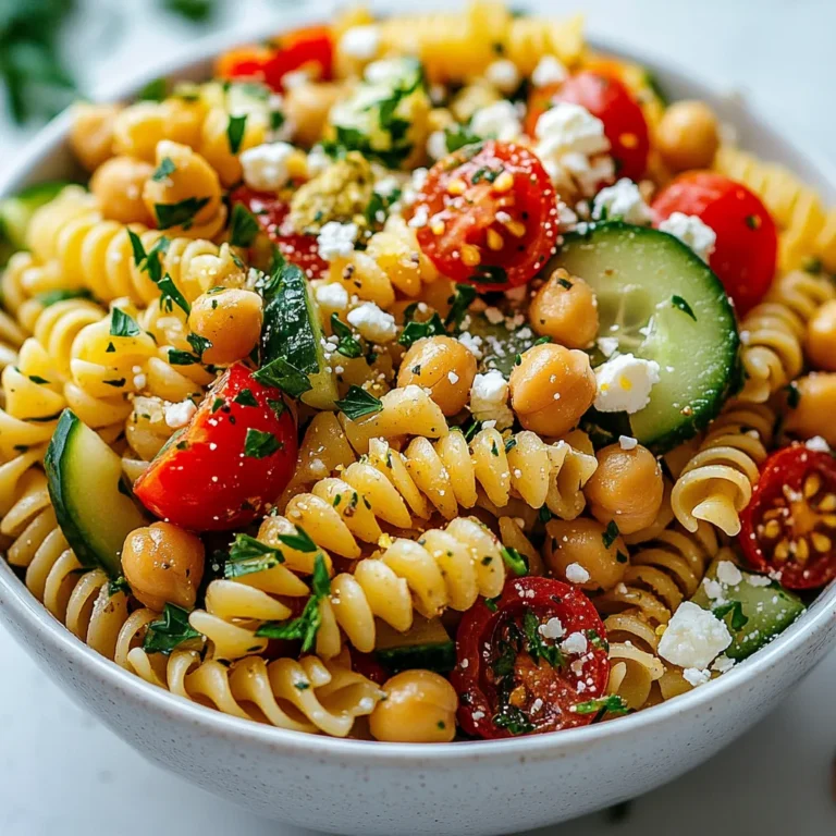 - 2 cups whole grain pasta (fusilli or penne) - 1 cup cooked chickpeas (canned, drained, and rinsed) - 1 cup cherry tomatoes, halved - 1 medium cucumber, diced - 1/2 cup red bell pepper, diced - 1/4 cup red onion, finely chopped - 1/4 cup fresh parsley, chopped These main ingredients make your pasta salad healthy and tasty. Whole grain pasta adds fiber. Chickpeas boost protein and make it filling. Fresh veggies add crunch and color. - 1/2 cup feta cheese, crumbled - 1/4 cup sunflower seeds Feta cheese gives the salad a creamy touch. Sunflower seeds add a nice crunch. You can mix and match based on your taste. - 3 tablespoons extra virgin olive oil - 2 tablespoons lemon juice - 1 teaspoon Dijon mustard - Salt and pepper to taste The dressing ties everything together. Olive oil adds richness. Lemon juice gives a fresh zing. Dijon mustard adds a bit of spice. Adjust salt and pepper to make it perfect for you. {{ingredient_image_1}} - First, bring a large pot of salted water to a boil. - Add 2 cups of whole grain pasta. Cook it according to the package instructions. - Aim for al dente texture, which usually takes around 8 to 10 minutes. - Once cooked, drain the pasta and rinse it under cold water to stop the cooking. - While the pasta cooks, chop your vegetables. - Use 1 cup of cherry tomatoes, halved, and 1 medium cucumber, diced. - Dice 1/2 cup of red bell pepper and finely chop 1/4 cup of red onion. - Place all the chopped veggies into a large mixing bowl. - Now, add the chilled pasta to the bowl with the veggies. - Include 1 cup of cooked chickpeas, and if you like, toss in 1/2 cup of crumbled feta cheese. - Add 1/4 cup of sunflower seeds and 1/4 cup of chopped parsley for extra flavor and texture. - For the best taste, let the salad chill in the fridge for at least 30 minutes. - Serve it in a large bowl or on individual plates. - You can garnish with extra sunflower seeds and parsley for a nice touch. To cook pasta perfectly, aim for al dente. This means the pasta should be firm yet tender. Here are my tips: - Use salted water. It adds flavor to the pasta. - Check the package for cooking times. Start checking a minute early. - After cooking, drain and rinse the pasta under cold water. This stops the cooking process and helps it cool. You can easily customize your pasta salad. Swap out proteins based on your taste. Here are some ideas: - Use cooked chicken for a hearty option. - Try diced tofu for a vegan choice. - Add more chickpeas for extra protein. You can also play with spices and herbs. Fresh herbs like basil or dill can brighten the salad. Try adding: - A pinch of garlic powder for a kick. - A sprinkle of smoked paprika for depth. To make your salad sing with flavor, consider these tips: - Add a splash of red wine vinegar for tang. - Use a mix of olive oil and avocado oil for richness. - Balance the dressing flavors. Taste it first. If it’s too sour, add a bit of honey or maple syrup. These tricks will elevate your salad and keep it fresh and exciting! Pro Tips Cook Pasta Al Dente: Make sure to cook the pasta just until al dente for the best texture. This will help it hold up well in the salad without becoming mushy. Chill Before Serving: Allow the salad to chill in the refrigerator for at least 30 minutes. This enhances the flavors and allows the ingredients to meld together beautifully. Customize Your Veggies: Feel free to swap in your favorite vegetables or whatever you have on hand. Bell peppers, zucchini, or even broccoli can make great additions! Use Fresh Herbs: Fresh herbs like basil or cilantro can elevate the flavor of your pasta salad. Add them just before serving for the best impact. {{image_2}} You can switch up the protein in your pasta salad. For a tasty option, add cooked chicken. Just shred or cube it to mix well. If you prefer a plant-based choice, use tofu. Press it to remove water, then cube and sauté. Both options boost protein and add flavor. If you want high-protein alternatives, try lentils or edamame. These legumes pack a punch and mix well. They keep the dish healthy and filling. For those who need gluten-free pasta, options like brown rice or quinoa pasta work great. They give you the same texture and taste without gluten. When it comes to fresh veggies, choose what's in season. Swap cherry tomatoes for zucchini or bell peppers for asparagus. Seasonal vegetables add variety and freshness. The dressing can change the whole salad vibe. Instead of olive oil and lemon, try balsamic vinegar for a sweet twist. You can also use yogurt for a creamy dressing. Creamy dressings often feel rich, while vinaigrettes are light and zesty. Experiment with both to find your favorite flavor. Just remember to taste as you mix! To keep your high protein pasta salad fresh, store it in the fridge. Use an airtight container. This helps maintain its taste and texture. Make sure to seal the lid tightly. This way, no air gets in to spoil your salad. It's best to eat the salad within three to five days. Can it be frozen? Yes, but the texture may change. If you want to freeze it, do so without the dressing. Pack it in a freezer-safe container. For thawing, place it in the fridge overnight. When ready to serve, add fresh dressing for the best flavor. How long does it stay fresh? The salad lasts about three to five days in the fridge. Signs of spoilage include a sour smell or mushy vegetables. If you see any mold, throw it away. Trust your senses; if it doesn't look or smell right, it's best to discard it. To make high protein pasta salad, follow these simple steps: 1. Cook the pasta: Boil salted water, add whole grain pasta, and cook until al dente. Drain and cool. 2. Chop vegetables: Dice cherry tomatoes, cucumber, red bell pepper, and red onion. 3. Mix the ingredients: In a bowl, combine cooled pasta, chickpeas, veggies, feta, sunflower seeds, and parsley. 4. Prepare the dressing: Whisk olive oil, lemon juice, Dijon mustard, salt, and pepper. 5. Toss everything: Pour dressing over salad and mix well. 6. Chill: Let it cool in the fridge for about 30 minutes. Common mistakes to avoid: - Don't overcook the pasta; it should be firm. - Rinse pasta in cold water to stop cooking. - Avoid skipping the chilling step; it enhances flavor. You can boost protein with various ingredients. Here are some ideas: - Grilled chicken or turkey - Tofu or tempeh for a vegan option - Edamame or lentils for plant-based protein - Quinoa adds texture and protein - Hard-boiled eggs for extra richness Quick nutrition facts: - Chickpeas provide around 15 grams of protein per cup. - Whole grain pasta has about 8 grams of protein per serving. Yes, you can make this salad ahead of time! Here’s how: - Preparation in advance: Make the salad a day ahead. Store it in the fridge. - Best practices for flavor improvement: Chilling allows flavors to blend. Add fresh herbs just before serving for a burst of freshness. This blog post covered how to make a tasty, high-protein pasta salad. We discussed key ingredients like whole grain pasta and chickpeas. You learned step-by-step instructions, tips for customization, and ways to store your salad. In conclusion, this salad is flexible and fun. Feel free to change the ingredients to suit your taste. Enjoy exploring different flavors and making it your own!