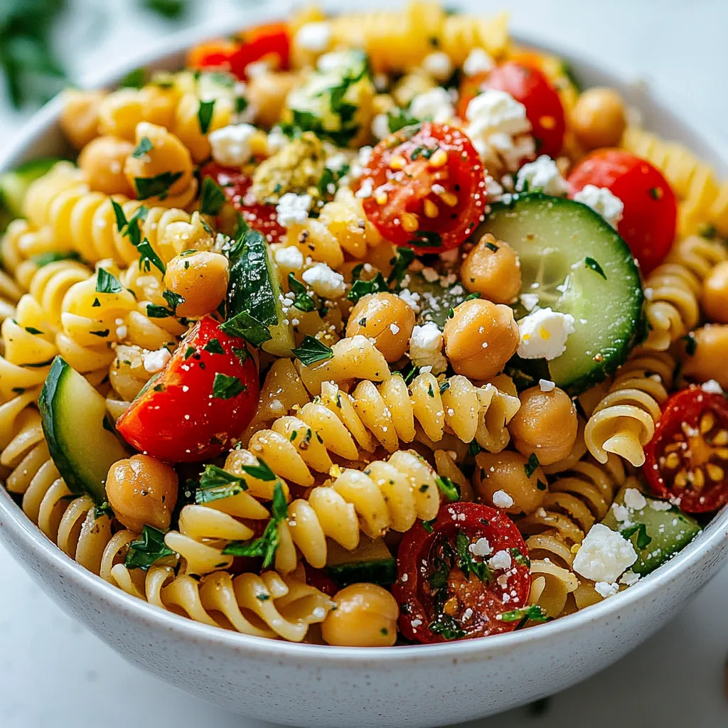 - 2 cups whole grain pasta (fusilli or penne) - 1 cup cooked chickpeas (canned, drained, and rinsed) - 1 cup cherry tomatoes, halved - 1 medium cucumber, diced - 1/2 cup red bell pepper, diced - 1/4 cup red onion, finely chopped - 1/4 cup fresh parsley, chopped These main ingredients make your pasta salad healthy and tasty. Whole grain pasta adds fiber. Chickpeas boost protein and make it filling. Fresh veggies add crunch and color. - 1/2 cup feta cheese, crumbled - 1/4 cup sunflower seeds Feta cheese gives the salad a creamy touch. Sunflower seeds add a nice crunch. You can mix and match based on your taste. - 3 tablespoons extra virgin olive oil - 2 tablespoons lemon juice - 1 teaspoon Dijon mustard - Salt and pepper to taste The dressing ties everything together. Olive oil adds richness. Lemon juice gives a fresh zing. Dijon mustard adds a bit of spice. Adjust salt and pepper to make it perfect for you. {{ingredient_image_1}} - First, bring a large pot of salted water to a boil. - Add 2 cups of whole grain pasta. Cook it according to the package instructions. - Aim for al dente texture, which usually takes around 8 to 10 minutes. - Once cooked, drain the pasta and rinse it under cold water to stop the cooking. - While the pasta cooks, chop your vegetables. - Use 1 cup of cherry tomatoes, halved, and 1 medium cucumber, diced. - Dice 1/2 cup of red bell pepper and finely chop 1/4 cup of red onion. - Place all the chopped veggies into a large mixing bowl. - Now, add the chilled pasta to the bowl with the veggies. - Include 1 cup of cooked chickpeas, and if you like, toss in 1/2 cup of crumbled feta cheese. - Add 1/4 cup of sunflower seeds and 1/4 cup of chopped parsley for extra flavor and texture. - For the best taste, let the salad chill in the fridge for at least 30 minutes. - Serve it in a large bowl or on individual plates. - You can garnish with extra sunflower seeds and parsley for a nice touch. To cook pasta perfectly, aim for al dente. This means the pasta should be firm yet tender. Here are my tips: - Use salted water. It adds flavor to the pasta. - Check the package for cooking times. Start checking a minute early. - After cooking, drain and rinse the pasta under cold water. This stops the cooking process and helps it cool. You can easily customize your pasta salad. Swap out proteins based on your taste. Here are some ideas: - Use cooked chicken for a hearty option. - Try diced tofu for a vegan choice. - Add more chickpeas for extra protein. You can also play with spices and herbs. Fresh herbs like basil or dill can brighten the salad. Try adding: - A pinch of garlic powder for a kick. - A sprinkle of smoked paprika for depth. To make your salad sing with flavor, consider these tips: - Add a splash of red wine vinegar for tang. - Use a mix of olive oil and avocado oil for richness. - Balance the dressing flavors. Taste it first. If it’s too sour, add a bit of honey or maple syrup. These tricks will elevate your salad and keep it fresh and exciting! Pro Tips Cook Pasta Al Dente: Make sure to cook the pasta just until al dente for the best texture. This will help it hold up well in the salad without becoming mushy. Chill Before Serving: Allow the salad to chill in the refrigerator for at least 30 minutes. This enhances the flavors and allows the ingredients to meld together beautifully. Customize Your Veggies: Feel free to swap in your favorite vegetables or whatever you have on hand. Bell peppers, zucchini, or even broccoli can make great additions! Use Fresh Herbs: Fresh herbs like basil or cilantro can elevate the flavor of your pasta salad. Add them just before serving for the best impact. {{image_2}} You can switch up the protein in your pasta salad. For a tasty option, add cooked chicken. Just shred or cube it to mix well. If you prefer a plant-based choice, use tofu. Press it to remove water, then cube and sauté. Both options boost protein and add flavor. If you want high-protein alternatives, try lentils or edamame. These legumes pack a punch and mix well. They keep the dish healthy and filling. For those who need gluten-free pasta, options like brown rice or quinoa pasta work great. They give you the same texture and taste without gluten. When it comes to fresh veggies, choose what's in season. Swap cherry tomatoes for zucchini or bell peppers for asparagus. Seasonal vegetables add variety and freshness. The dressing can change the whole salad vibe. Instead of olive oil and lemon, try balsamic vinegar for a sweet twist. You can also use yogurt for a creamy dressing. Creamy dressings often feel rich, while vinaigrettes are light and zesty. Experiment with both to find your favorite flavor. Just remember to taste as you mix! To keep your high protein pasta salad fresh, store it in the fridge. Use an airtight container. This helps maintain its taste and texture. Make sure to seal the lid tightly. This way, no air gets in to spoil your salad. It's best to eat the salad within three to five days. Can it be frozen? Yes, but the texture may change. If you want to freeze it, do so without the dressing. Pack it in a freezer-safe container. For thawing, place it in the fridge overnight. When ready to serve, add fresh dressing for the best flavor. How long does it stay fresh? The salad lasts about three to five days in the fridge. Signs of spoilage include a sour smell or mushy vegetables. If you see any mold, throw it away. Trust your senses; if it doesn't look or smell right, it's best to discard it. To make high protein pasta salad, follow these simple steps: 1. Cook the pasta: Boil salted water, add whole grain pasta, and cook until al dente. Drain and cool. 2. Chop vegetables: Dice cherry tomatoes, cucumber, red bell pepper, and red onion. 3. Mix the ingredients: In a bowl, combine cooled pasta, chickpeas, veggies, feta, sunflower seeds, and parsley. 4. Prepare the dressing: Whisk olive oil, lemon juice, Dijon mustard, salt, and pepper. 5. Toss everything: Pour dressing over salad and mix well. 6. Chill: Let it cool in the fridge for about 30 minutes. Common mistakes to avoid: - Don't overcook the pasta; it should be firm. - Rinse pasta in cold water to stop cooking. - Avoid skipping the chilling step; it enhances flavor. You can boost protein with various ingredients. Here are some ideas: - Grilled chicken or turkey - Tofu or tempeh for a vegan option - Edamame or lentils for plant-based protein - Quinoa adds texture and protein - Hard-boiled eggs for extra richness Quick nutrition facts: - Chickpeas provide around 15 grams of protein per cup. - Whole grain pasta has about 8 grams of protein per serving. Yes, you can make this salad ahead of time! Here’s how: - Preparation in advance: Make the salad a day ahead. Store it in the fridge. - Best practices for flavor improvement: Chilling allows flavors to blend. Add fresh herbs just before serving for a burst of freshness. This blog post covered how to make a tasty, high-protein pasta salad. We discussed key ingredients like whole grain pasta and chickpeas. You learned step-by-step instructions, tips for customization, and ways to store your salad. In conclusion, this salad is flexible and fun. Feel free to change the ingredients to suit your taste. Enjoy exploring different flavors and making it your own!