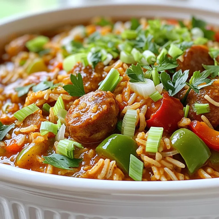 - 1 lb chicken thighs, diced - 1 lb andouille sausage, sliced - 1 medium onion, chopped - 1 red bell pepper, chopped - 1 green bell pepper, chopped - 3 cloves garlic, minced For this jambalaya, I love using chicken thighs. They stay juicy and tender. Andouille sausage adds a nice kick. The bell peppers and onion bring great flavor and color to the dish. - 1 can (14.5 oz) diced tomatoes, undrained - 3 cups chicken broth - 1 ½ cups long-grain rice - 2 tablespoons Cajun seasoning - 1 teaspoon dried thyme - 1 bay leaf - Salt and pepper to taste The canned tomatoes and chicken broth form the base of this dish. Long-grain rice helps absorb all those great flavors. Cajun seasoning gives it that signature taste. Don’t forget the thyme and bay leaf for added depth. - 1 cup frozen peas - 2 green onions, sliced (for garnish) - Fresh parsley, chopped (for garnish) Garnishes make your dish pop. Sliced green onions and parsley add freshness. Toss in some peas for a splash of color and sweetness. These small touches make your jambalaya truly shine! Start by mixing your proteins. In your slow cooker, add 1 pound of diced chicken thighs and 1 pound of sliced andouille sausage. This combo brings great flavor and texture. Next, add your veggies. Toss in 1 chopped onion, 1 chopped red bell pepper, and 1 chopped green bell pepper. Don’t forget 3 minced garlic cloves for that aromatic boost. These fresh ingredients make your dish bright and lively. Now it’s time for the rice and liquids. Pour in one can of undrained diced tomatoes. Then, add 3 cups of chicken broth. This mix will make your jambalaya rich and tasty. Stir in 1 ½ cups of long-grain rice, along with 2 tablespoons of Cajun seasoning, 1 teaspoon of dried thyme, and 1 bay leaf. Add salt and pepper to taste. Stir well to ensure even flavor throughout the dish. You can choose your cooking method. If you set your slow cooker to low, let it cook for 6-7 hours. If you're short on time, use the high setting for 3-4 hours. About 30 minutes before serving, stir in 1 cup of frozen peas. This adds color and sweetness. You’ll remove the bay leaf before serving. Fluff your jambalaya with a fork and let it rest for 5 minutes. Then, enjoy your delicious meal! To boost flavor, adjust your Cajun seasoning. If you like spice, add more. For less heat, cut back. Using fresh herbs can lift your dish. Fresh parsley adds a bright taste. Dried herbs are fine, too, but they might not pop as much. If your jambalaya turns out too liquidy, try this. Remove the lid for the last 30 minutes. This helps the liquid evaporate. If your rice isn't cooking well, check the broth amount. Use the right rice type, too. Long-grain rice works best. To avoid overcooking, set your slow cooker to low. This gives flavors time to meld. Check the cooking time: 6-7 hours on low is best. Use the high setting for 3-4 hours. Always check the rice for doneness before serving. {{image_2}} Making it gluten-free To make this jambalaya gluten-free, choose gluten-free sausage. Look for brands that do not contain wheat products. You can also use gluten-free broth. Most rice is gluten-free, but always check labels. Vegetarian or vegan adaptations For a vegetarian or vegan version, swap out the meat. Use firm tofu or tempeh instead of chicken and sausage. Add more vegetables like zucchini or mushrooms. Use vegetable broth instead of chicken broth for flavor. Alternative proteins You can swap chicken thighs and andouille sausage for shrimp or fish. This will give a lighter taste. You can also use plant-based sausage for a vegan option. Different vegetables and spices Feel free to experiment with veggies. Try adding celery, okra, or corn. You can also mix in spices like smoked paprika or cayenne for a unique twist. Mild vs. spicy jambalaya If you prefer a milder jambalaya, cut back on the Cajun seasoning. You can also leave out the spicy sausage. Taste as you go to find the right balance. Adding hot sauce or chili peppers For those who love heat, add hot sauce or chili peppers. Try slicing jalapeños or adding crushed red pepper flakes. Adjust the heat level to suit your taste buds! Store your jambalaya in the fridge. Use airtight containers. This keeps it fresh. It is best to eat leftovers within three days. Cool the dish before sealing it. This helps avoid sogginess. Reheat jambalaya on the stove for best results. Use a pot over low heat. Stir often to heat evenly. Add a splash of broth if it seems dry. Avoid using the microwave as it can make the rice mushy. You can freeze jambalaya for longer storage. Let it cool fully before freezing. Use freezer-safe bags or containers. Remove as much air as possible. To thaw, place it in the fridge overnight. Reheat on the stove, adding broth if needed. Enjoy your meal later with great flavor! Yes, you can prepare Cajun Jambalaya ahead of time. Here are some best practices for meal prep: - Chop and Store: Dice the chicken, sausage, and veggies the night before. Keep them in the fridge. - Mix Dry Ingredients: Combine the rice, spices, and seasonings in a bowl. Store this mix separately. - Layer in Slow Cooker: On cooking day, layer your ingredients in the slow cooker. This saves time. - Cook Later: Set your slow cooker to cook when you need it. Enjoy fresh jambalaya! You can serve several tasty side dishes with Slow Cooker Cajun Jambalaya. Here are some suggestions: - Cornbread: A classic choice that pairs well with the dish. - Coleslaw: Offers a crisp and refreshing contrast to the spicy jambalaya. - Green Salad: A light salad with greens balances the rich flavors. - Fried Plantains: Sweet and savory, plantains add a unique twist. If you want to tone down the spice in your jambalaya, try these tips: - Use Mild Sausage: Choose a mild sausage instead of andouille. - Reduce Cajun Seasoning: Start with less Cajun seasoning and adjust to your taste. - Add More Rice: Increase the rice amount. This helps dilute the heat. - Serve with Dairy: Serve with sour cream or yogurt to cool the spice. Slow Cooker Cajun Jambalaya is a delicious, hearty meal. We covered the key ingredients, like chicken, sausage, and spices. I shared step-by-step cooking instructions. You learned tips to enhance flavor and fix common issues. Variations for dietary needs and heat levels were also discussed. Remember, this dish is versatile, so feel free to adapt. Enjoy making it your own! Your perfect jambalaya awaits!