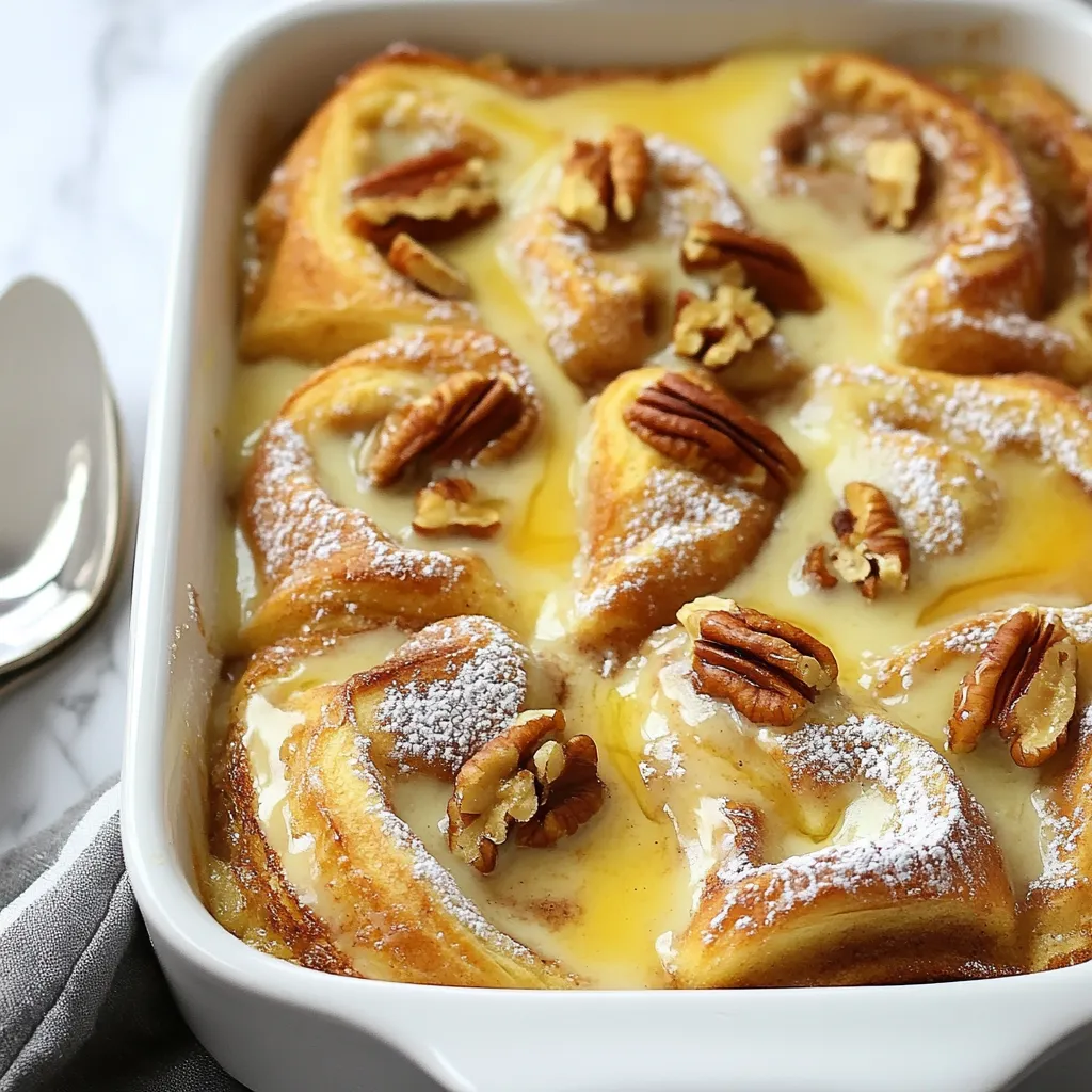 To create this delightful Cinnamon Roll French Toast Bake, you will need a few key ingredients. Here they are: - 2 cans pre-made cinnamon rolls (15 oz each) - 6 large eggs - 1 cup milk - 1/2 cup heavy cream - 1 teaspoon vanilla extract - 1 teaspoon ground cinnamon - 1/4 teaspoon nutmeg - 1/4 cup brown sugar - 1/2 cup chopped pecans (optional) - Maple syrup, for serving These ingredients work together to create a rich and creamy base, while the cinnamon rolls add that sweet, comforting flavor we all love. The eggs, milk, and cream create a custard that soaks into the rolls, making each bite soft and tender. The spices and brown sugar add warmth and depth to the dish. You can also customize it! Adding pecans gives a nice crunch, and maple syrup drizzled on top brings a touch of sweetness that complements the bake perfectly. With this list, you're ready to make a dish that will impress your family and friends! {{ingredient_image_1}} First, preheat your oven to 350°F (175°C). This helps the dish cook evenly. Next, grease a 9x13 inch baking dish with cooking spray or butter. This step keeps your bake from sticking. Now, open your two cans of pre-made cinnamon rolls. Cut each roll into quarters. Spread the pieces in the baking dish evenly. If you like, sprinkle chopped pecans over the top for extra crunch. In a medium bowl, whisk together six large eggs, one cup of milk, and half a cup of heavy cream. Add one teaspoon of vanilla extract, one teaspoon of ground cinnamon, and a quarter teaspoon of nutmeg. Finally, mix in a quarter cup of brown sugar. Make sure everything blends well. This custard mixture adds flavor and moisture. Pour the egg mixture over the cinnamon roll pieces. Ensure all pieces are soaked. Press down gently with a spatula to help the cinnamon rolls absorb the custard. You can drizzle the leftover icing from the cinnamon rolls over the top if you want. Bake in your preheated oven for 30 to 35 minutes. Look for a golden brown top and check with a toothpick. If it comes out clean, your dish is ready. Let it rest for a few minutes before serving. Enjoy it warm with a drizzle of maple syrup on top for added sweetness. Soaking your cinnamon rolls is key. When you pour the egg mixture over them, make sure each piece gets coated. This helps the rolls absorb the custard well. Press down gently with a spatula so they soak up every bit. To check if your bake is done, look for a golden top. Insert a toothpick in the center. If it comes out clean, your dish is ready. If not, give it a few more minutes. For toppings, I love drizzling warm maple syrup over the bake. You can also add whipped cream for extra sweetness. Fresh berries or sliced bananas make great pairings too. They add color and freshness to your dish. Serve this bake with a side of fresh fruit or yogurt. It makes a lovely breakfast or brunch spread. One common mistake is overcooking or undercooking the bake. Keep an eye on the time and watch the color. If it looks too dark, it may be overcooked. If it looks pale, it might need more time. Another mistake is not spreading the cinnamon roll pieces evenly. If they are uneven, some will be dry while others are soggy. Make sure to arrange them well in the baking dish for the best results. Pro Tips Use day-old cinnamon rolls: If you have leftover cinnamon rolls, using them for this recipe will add more flavor and texture, making it a great way to use up stale bread. Experiment with toppings: Feel free to mix in your favorite nuts, chocolate chips, or dried fruits for added flavor and crunch. Make it ahead: Prepare the dish the night before and refrigerate it. Just add an extra 10-15 minutes to the baking time in the morning for a quick breakfast. Serve with a variety of syrups: In addition to maple syrup, try serving with caramel sauce or a fruit compote to elevate the dish. {{image_2}} You can switch up the flavors in your Cinnamon Roll French Toast Bake. Adding fruits can make it even more tasty. For instance, chopped apples or fresh berries add sweetness and texture. You can layer the fruit between the cinnamon roll pieces for a burst of flavor. Nuts also bring crunch and depth. Chopped pecans work well, but you can try walnuts or almonds too. If you want a richer taste, throw in some chocolate chips. They melt into gooey pockets of delight. Want to make this dish fit different diets? You can easily adapt it. For gluten-free options, use gluten-free cinnamon rolls. Many brands offer tasty choices that work great in this bake. If you're avoiding dairy, swap the milk and cream for plant-based versions. Almond milk or coconut cream are good picks. They keep the dish creamy while making it dairy-free. For vegetarian options, this recipe is already meat-free. Just ensure that the cinnamon rolls do not contain any animal products. This way, everyone can enjoy the deliciousness! To keep your Cinnamon Roll French Toast Bake fresh, store it in the fridge. Use an airtight container to prevent it from drying out. You can keep it for up to three days. If you want to save it longer, freeze it. Slice the bake into pieces and wrap each piece in plastic wrap. Place wrapped slices in a freezer-safe bag. This way, you can enjoy it later! It will last in the freezer for about two months. When you're ready to enjoy your leftovers, reheating is key. The best way is to use the oven. Preheat your oven to 350°F (175°C). Place the slices on a baking sheet and cover them with foil. Bake for about 10-15 minutes until warm. If you're in a hurry, you can use the microwave. Heat each slice for about 30 seconds. Check if it’s warm, and add more time if needed. Enjoy it warm with a drizzle of maple syrup! Yes, you can make this dish the night before. Start by preparing the cinnamon rolls and custard mixture as usual. After pouring the custard over the rolls, cover the dish tightly with plastic wrap. Place it in the fridge overnight. In the morning, remove it from the fridge and let it sit for about 15 minutes. This helps it warm up before baking. Preheat your oven and bake it as directed. This saves time and makes breakfast easy! Absolutely! Homemade rolls work great. If you use them, make sure they are baked but not overly dry. You can adjust the baking time based on your roll size. Keep an eye on it while it bakes. Also, be sure to slice them into similar sizes so they soak evenly. This way, every piece gets that delicious custard flavor. If you need a substitute for heavy cream, you have options. You can use whole milk or a mix of milk and butter. For each cup of heavy cream, use 3/4 cup milk and 1/4 cup melted butter. This keeps the texture creamy. You can also try coconut cream for a dairy-free option. Just know that it may change the flavor slightly, but it will still be tasty! This blog post covered how to make a tasty Cinnamon Roll French Toast Bake. We discussed the ingredients, from pre-made cinnamon rolls to optional toppings. I shared step-by-step instructions, helpful tips for perfect baking, and some tasty variations. Also, you learned how to store leftovers and reheat them. In conclusion, this dish is easy to make and delicious. Experiment with flavors and toppings to fit your taste. Enjoy this fun breakfast treat with family and friends!
