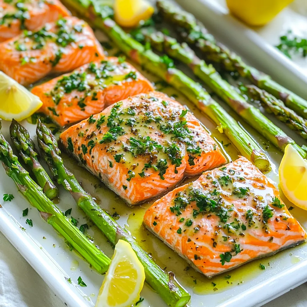 - 4 salmon fillets (about 6 ounces each) - 1 bunch asparagus (about 1 pound), trimmed - 4 tablespoons olive oil - 4 cloves garlic, minced - 1 tablespoon fresh lemon juice - 1 teaspoon dried thyme - 1 teaspoon dried oregano - Salt and pepper to taste - Fresh parsley, chopped (for garnish) - Lemon wedges for serving Gather your ingredients before you start cooking. This will help you stay organized. The salmon fillets should be fresh and firm. Look for bright, clear skin with no brown spots. The asparagus should be vibrant green and crisp. Trim the ends to ensure they cook evenly. For the garlic, fresh is best. Mince it finely to release its flavor. Olive oil adds richness and helps the herbs stick to the salmon. You can choose extra virgin olive oil for a bolder taste. When it comes to seasoning, fresh lemon juice brightens the dish. Dried thyme and oregano add a lovely herb taste. Don't forget salt and pepper to bring all the flavors together. Fresh parsley gives a pop of green and freshness as a garnish. For serving, lemon wedges are a must. A squeeze of lemon over the salmon and asparagus enhances the taste. This dish is simple yet impressive, perfect for any meal. - Start by preheating your oven to 400°F (200°C). This step ensures even cooking. - Next, line a baking sheet with parchment paper. This makes cleanup easy and keeps food from sticking. - In a small bowl, whisk together 3 tablespoons of olive oil, minced garlic, lemon juice, thyme, oregano, salt, and pepper. Mix until well combined. This garlic herb mixture adds great flavor. - Place the salmon fillets on one side of the prepared baking sheet. Arrange them evenly for best cooking. - Brush the garlic herb mixture generously over the salmon. Be sure to cover the tops well. - On the other side of the baking sheet, arrange the trimmed asparagus. Drizzle the remaining tablespoon of olive oil over the asparagus. - Sprinkle with salt and pepper, tossing to coat evenly. This helps the asparagus taste great. - Now, place the baking sheet in the preheated oven. Bake for 12-15 minutes. This timing allows the salmon to cook properly. - Check for doneness by seeing if the salmon flakes easily with a fork. The asparagus should be tender but still crisp. - Once done, remove the baking sheet from the oven. Garnish with chopped fresh parsley and serve with lemon wedges. These add a nice touch and fresh flavor. Using fresh herbs makes a big difference. Fresh thyme and oregano bring out the best in the salmon. They add bright notes that dried herbs can’t match. You can adjust the seasoning to your taste. If you like more salt, add a pinch. Prefer a bit of heat? A dash of red pepper flakes works well too. For perfect salmon texture, aim for a nice sear. Make sure your oven is hot enough at 400°F (200°C). This helps the fish cook evenly. If you want it flaky, check it at 12 minutes. It should flake easily with a fork. To keep asparagus crisp, don’t overcook it. Aim for a tender but still crunchy bite. Toss it with olive oil and season lightly. This ensures it stays vibrant and fresh. For serving, you can choose two styles. Serve directly from the sheet pan for a casual vibe. Or, plate it up for a more refined look. Garnish with lemon wedges and chopped parsley. This adds color and freshness to your dish. A pop of green and yellow makes your meal more inviting. {{image_2}} You can change up the veggies on the sheet pan. Try broccoli, green beans, or bell peppers. Each veggie adds its own taste. You can even mix them for a colorful feast. If you want a different fish, consider using trout or cod. Both are mild and cook well with the herbs. They will give you a new twist while keeping the dish light and healthy. For a flavor boost, add spices like paprika or cumin. These will add warmth and depth to the dish. You can also toss in fresh herbs like basil or dill for a vibrant taste. Citrus fruits work wonders too! Try adding orange or lime juice instead of lemon. This small change can brighten the dish and add a fresh zing. This dish is perfect for busy nights. You can make it in advance. Just prepare the salmon and veggies and store them in the fridge. When you’re ready to eat, bake it fresh. To cater to dietary needs, swap out the salmon for a plant-based option like tofu. Season it the same way for a tasty, vegan meal. You can also use gluten-free soy sauce if needed. To keep your garlic herb salmon and asparagus fresh, store them in shallow containers. Make sure to cover them well with a lid or plastic wrap. This helps prevent drying out. The dish lasts in the fridge for 2 to 3 days. After that, the quality may decline. You can reheat your leftovers in the microwave or the oven. For the microwave, place the food on a microwave-safe plate. Heat it in short bursts of 30 seconds. Check often to avoid overcooking. Using the oven keeps the salmon and asparagus crispy. Preheat your oven to 350°F (175°C). Place the food on a baking sheet and cover it with foil. Heat for about 10-15 minutes. This method helps maintain the texture and flavor. To freeze the dish, let it cool completely first. Place the salmon and asparagus in freezer-safe bags or containers. Remove as much air as possible to prevent freezer burn. The dish can be frozen for up to 3 months. When you are ready to eat, thaw the dish overnight in the fridge. Reheat it using the oven for the best results. This way, your meal retains its delicious taste and texture. Bake the salmon for 12-15 minutes at 400°F. This time makes the salmon tender. You want it to flake easily with a fork. If it looks slightly opaque, it's ready. You can check for doneness by inserting a fork into the thickest part. Yes, you can swap asparagus for other veggies. Broccoli, green beans, or Brussels sprouts work well. Just cut them to a similar size. This keeps cooking time even. Choose vegetables you enjoy for the best flavor. Several side dishes go well with salmon and asparagus. Try a fresh green salad for crunch. Quinoa or rice adds a nice touch, too. You might also serve roasted potatoes for heartiness. These options balance the meal and add variety. This blog post covered a delicious salmon and asparagus recipe. We explored key ingredients like salmon, garlic, and fresh herbs. You learned step-by-step instructions for prep, baking, and serving. I shared tips for the best flavor, cooking techniques, and presentation ideas. Variations offered alternatives and meal prep tips. Lastly, we discussed storing and reheating your dish. Enjoy making this dish, and remember to customize it to your taste. Cooking should be fun and rewarding, so get started and savor every bite!