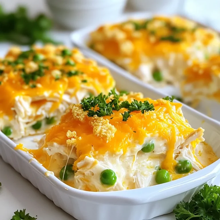 - 3 cups cooked chicken (rotisserie option) - 8 oz cream cheese, softened - 1 cup sour cream - 1 can (10.5 oz) cream of chicken soup - 1 cup shredded cheddar cheese - 1 cup frozen peas and carrots (thawed) For this casserole, using rotisserie chicken makes it easy. You can shred it and save time. The cream cheese and sour cream create a rich, smooth base. They blend with the cream of chicken soup for a creamy texture. The shredded cheddar cheese adds a nice flavor and melts beautifully. The peas and carrots give the dish color and nutrients. - 1 teaspoon garlic powder - 1 teaspoon onion powder - 1 teaspoon dried parsley - Salt and pepper to taste The garlic and onion powders pack in flavor without being too strong. Dried parsley adds a fresh touch. Salt and pepper balance everything out. You can adjust these spices to fit your taste. - 2 cups crushed buttery crackers (like Ritz) - 4 tablespoons melted butter The crushed buttery crackers create a delightful crunch. Mixing them with melted butter helps them brown nicely. This topping makes the casserole feel special and adds a fun texture. Together, these ingredients create a warm, comforting dish. You can prepare this meal for family gatherings or cozy nights at home. It's a dish that brings everyone to the table with smiles. {{ingredient_image_1}} - Preheat your oven to 350°F (175°C). - Grease a 9x13 inch casserole dish. - In a large bowl, mix the softened cream cheese, sour cream, and cream of chicken soup. - Stir until the mixture is smooth and creamy. - Fold in the shredded chicken and thawed peas and carrots. - Add garlic powder, onion powder, dried parsley, salt, and pepper. - Mix until all the ingredients are well combined. - Transfer the chicken mixture into the greased casserole dish. Spread it evenly. - In another bowl, mix the crushed buttery crackers with melted butter. - Sprinkle the cracker mixture over the chicken layer. - Top it with shredded cheddar cheese, ensuring it covers the whole dish. - Bake for 30-35 minutes until bubbly and golden. - Let it cool for a few minutes before serving. - Use rotisserie chicken for ease. It saves time and adds great flavor. - Ensure cream cheese is fully softened. This helps create a smooth, creamy mix. - Garnish with fresh parsley. It makes the dish look nice and adds flavor. - Pair with a green salad or warm bread. These sides balance the meal well. - Avoid overmixing the chicken mixture. This keeps the chicken tender and moist. - Don't skip the resting time after baking. Letting it rest improves the texture and taste. Pro Tips Use Rotisserie Chicken: For added convenience and flavor, rotisserie chicken is a fantastic option that saves time on cooking and shredding. Cheese Variations: Feel free to experiment with different types of cheese, such as Monterey Jack or pepper jack, for a unique twist on the classic flavor. Add Extra Veggies: Incorporate additional vegetables like bell peppers or broccoli for an extra nutritional boost and crunchy texture. Make Ahead: This casserole can be prepared ahead of time and stored in the fridge. Just bake it when you’re ready to serve for a quick meal. {{image_2}} You can change up the cheese in your Million Dollar Chicken Casserole. Try Monterey Jack or even cream cheese. Both options melt well and add great flavor. For veggies, swap peas and carrots for broccoli or mixed frozen veggies. Each choice gives the dish a new twist. If you need a gluten-free option, use gluten-free crackers. They work just as well and keep the crunch. For a lighter version, swap the sour cream with Greek yogurt. This change cuts calories and adds protein without losing creaminess. Want to make this dish even more fun? Layer it with pasta for a hearty casserole. You can also serve it in individual ramekins. This makes serving easy and adds a nice touch for guests. Store leftover Million Dollar Chicken Casserole in the fridge. Use a tight lid or wrap it well. This keeps the casserole fresh. It can last about three to four days. Choose glass or plastic containers for easy storage. Make sure they are airtight to avoid drying out. You can freeze the casserole for later use. First, let it cool completely. Then, wrap it tightly with plastic wrap. You can also use aluminum foil for extra protection. For best results, eat it within three months. To reheat, thaw it in the fridge overnight before cooking. To heat up your casserole, you can use an oven or microwave. The oven gives the best texture. Preheat it to 350°F (175°C). Bake for 20-25 minutes until hot. For the microwave, use a microwave-safe dish. Heat for 3-5 minutes, stirring halfway through. Cover it with a damp paper towel to keep it moist. The Million Dollar Chicken Casserole stays fresh for about 3 to 4 days in the fridge. Make sure to store it in an airtight container. This helps keep out moisture and air. If you cover it well, it will stay tasty longer. Remember to check for any signs of spoilage before serving. Yes, you can prepare this casserole ahead of time. To do this, mix all the ingredients and place them in the casserole dish. Cover it tightly and store it in the fridge. You can bake it the next day. This makes dinner easy after a busy day. Just remember to add a few extra minutes to the baking time if it’s cold from the fridge. This dish pairs well with various sides. Here are some great options: - A fresh green salad adds crunch and color. - Garlic bread complements the creamy flavors. - Steamed veggies like broccoli or green beans add nutrition. - For drinks, a light lemonade or iced tea works nicely. These sides make the meal complete and satisfying. Enjoy your delicious casserole! This blog post detailed how to make a delicious Million Dollar Chicken Casserole. We covered the key ingredients like chicken, cream cheese, and cheddar, and shared step-by-step instructions. I also offered expert tips, serving ideas, and ways to store your leftovers. In conclusion, this dish is not only easy to prepare but also versatile. You can customize it to fit your taste. Enjoy making and sharing this tasty casserole with family and friends!