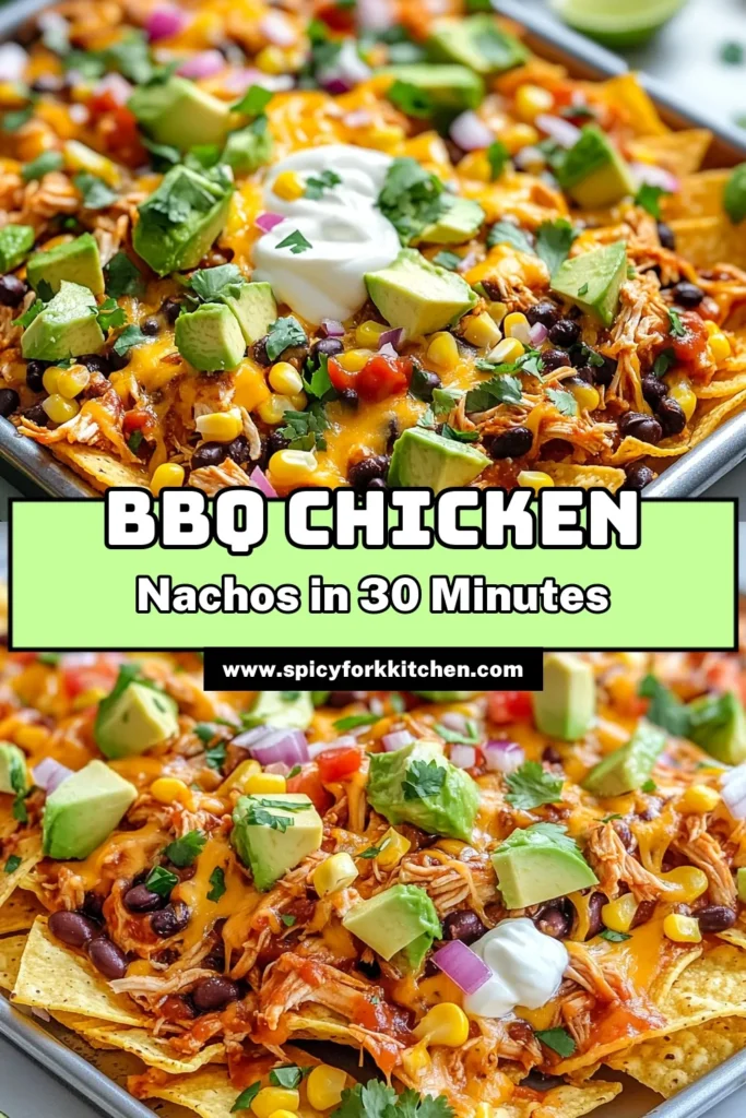 Looking for an easy nachos appetizer that’s loaded with flavor? Try this delicious BBQ chicken nachos recipe! These sheet pan nachos are perfect for parties or family dinners, featuring shredded chicken coated in BBQ sauce, topped with cheese, black beans, corn, and fresh veggies. Enjoy these loaded nachos with chicken in just 30 minutes for a quick BBQ chicken dish that everyone will love. Save this recipe for your next gathering! #BBQChickenNachos #SheetPanNachos #EasyNachosAppetizer #LoadedNachosWithChicken