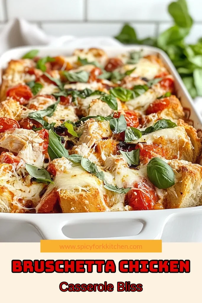 Discover the deliciousness of Bruschetta Chicken Casserole, an easy chicken casserole that's perfect for weeknight dinners. This mozzarella cheese casserole combines tender shredded chicken, fresh basil, and mouthwatering baked chicken recipes in one dish. Ideal for Italian chicken lovers, this hearty meal is sure to impress. Don’t miss out—save this recipe for a flavorful dinner tonight! #BruschettaChickenCasserole #EasyChickenCasserole #BakedChickenRecipes #ItalianChickenCasserole