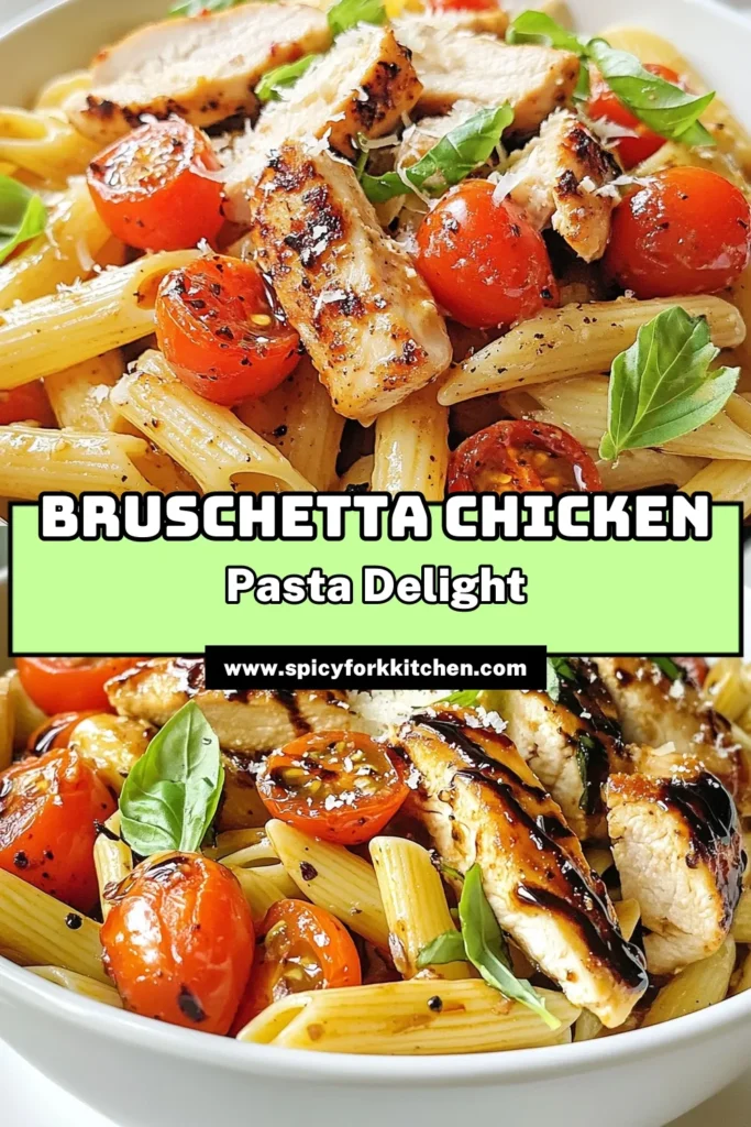 Looking for a delicious and quick dinner idea? Try this Bruschetta Chicken Pasta! This easy chicken pasta recipe features tender chicken, sautéed cherry tomatoes, and fresh basil, all drizzled with balsamic glaze for a burst of flavor. Perfect for busy weeknights, this dish comes together in just 30 minutes. Discover the joy of Bruschetta Chicken Pasta and enjoy a meal everyone will love! Save for later! #BruschettaChickenPasta #EasyChickenPastaRecipes #BalsamicGlazedChicken #CherryTomatoPasta