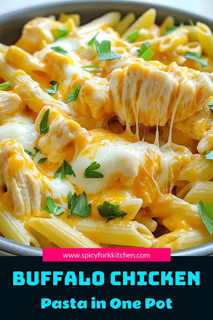 Savor the flavors of this One Pot Buffalo Chicken Pasta Delight! This easy recipe combines tender chicken, creamy cheeses, and spicy buffalo sauce for a meal that's quick to make and incredibly satisfying. Perfect for busy weeknights, this dish is ready in just 30 minutes. Click through for full instructions and transform dinner tonight! #BuffaloChickenPasta #OnePotMeals #EasyDinnerRecipes #ComfortFood