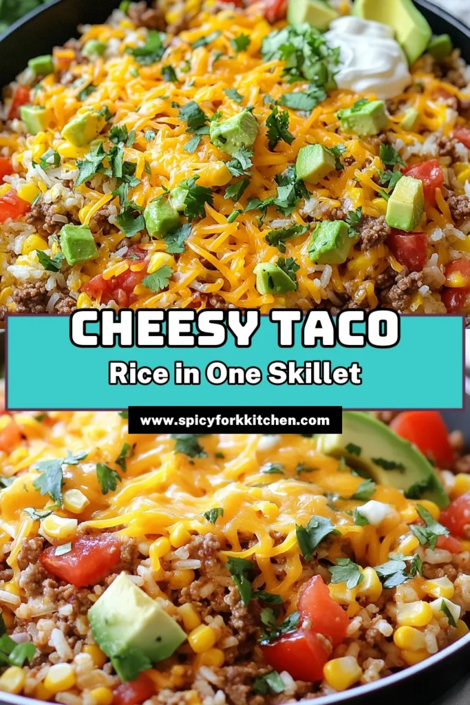 Discover the ultimate Cheesy Taco Rice Skillet that's perfect for busy weeknights! This easy taco rice recipe combines ground meat, savory spices, and melty cheese for a one-pan taco dinner that the whole family will love. In just 35 minutes, you'll have this cheesy rice skillet meal ready to serve. Enjoy quick Mexican comfort food tonight! Save this recipe for an effortless dinner idea! #CheesyTacoRiceSkillet #OnePanDinner #TacoTuesday #EasyDinnerIdeas