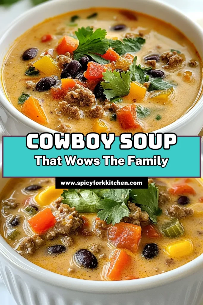 Discover the ultimate comfort food with this delicious Creamy Cowboy Soup! This hearty beef soup recipe combines ground beef, black beans, and fresh veggies for a satisfying meal. With simple steps, this easy cowboy soup is perfect for busy nights. Enjoy the rich flavors of our creamy soup with black beans that the whole family will love. Try this cowboy chili soup recipe today and create a cozy dinner experience. Save this recipe for later! #CowboySoup #HeartySoup #SoupRecipes #EasyDinner