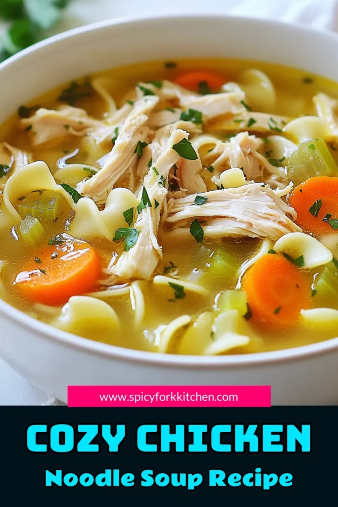 Warm up with this cozy chicken noodle soup recipe that's perfect for chilly days. This easy chicken noodle soup is a homemade delight, full of rich flavors and tender ingredients. Ideal for comfort food recipes, it's made with succulent chicken, fresh vegetables, and egg noodles in a savory broth. Enjoy a bowl of this comforting goodness today! Save this recipe for your next family gathering! #ChickenNoodleSoup #ComfortFood #EasyRecipes #HomemadeSoup