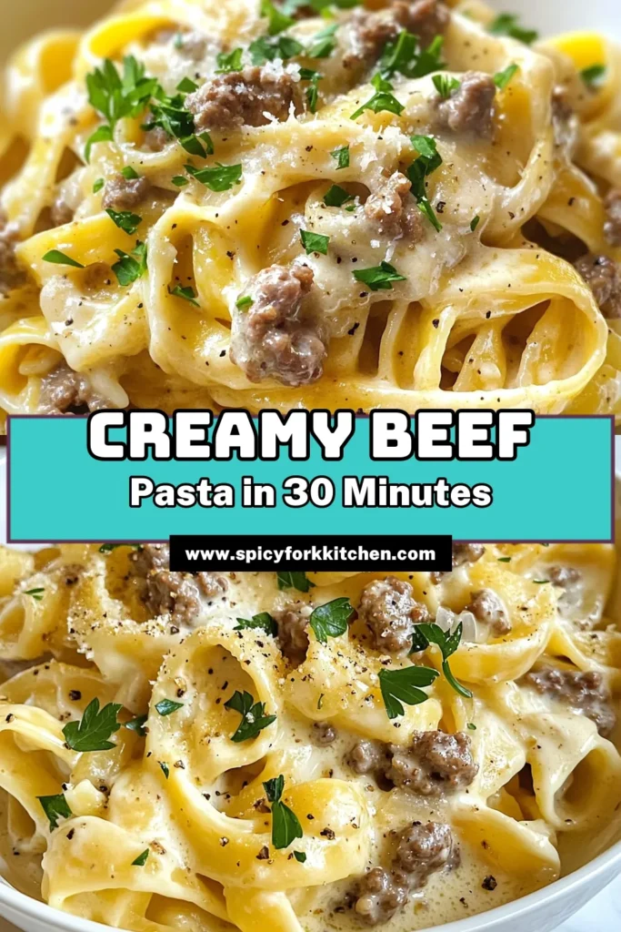 Indulge in this creamy beef pasta that's perfect for busy nights! This easy beef pasta recipe features fettuccine with ground beef in a rich and flavorful sauce that will leave your family asking for seconds. In just 30 minutes, you can whip up this Italian creamy pasta dish that's ideal for quick dinner recipes with beef. Save this recipe and bring deliciousness to your table! #CreamyBeefPasta #EasyBeefPastaRecipe #QuickDinner #FettuccineWithGroundBeef