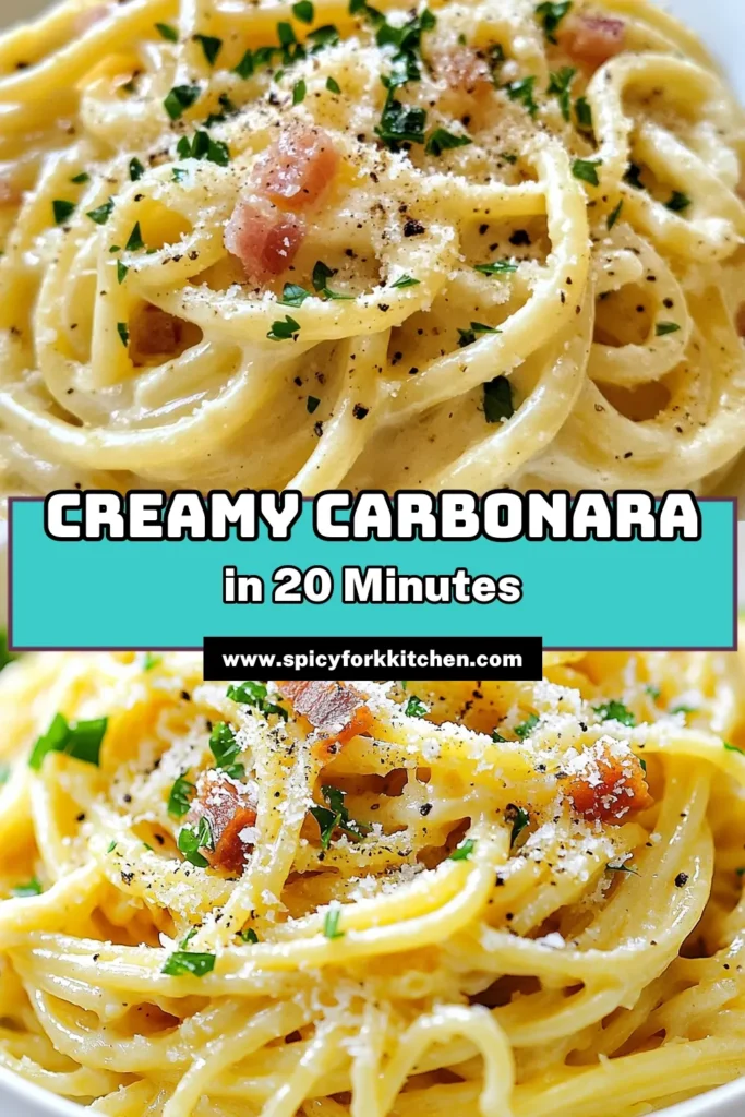 Discover the ultimate easy spaghetti recipe with this creamy no-cook carbonara! Perfect for quick dinner recipes, this Italian carbonara recipe combines al dente spaghetti, crispy pancetta, and a luscious sauce made from eggs and Pecorino Romano cheese. In just 20 minutes, you'll have a delicious meal that's sure to impress. Save this recipe for your next family dinner! #SpaghettiCarbonara #QuickDinner #PastaRecipe #ItalianCuisine