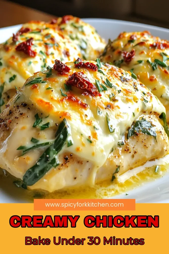 Indulge in this deliciously Creamy Low Carb Chicken Bake that perfectly balances flavor and nutrition! This easy creamy chicken recipe features baked chicken with cream cheese, spinach, and sun-dried tomatoes for a healthy chicken dinner everyone will love. Ready in just 40 minutes, it's perfect for busy weeknights! Save this recipe for your next family meal and elevate your dinner game! #LowCarbChickenBake #CreamyChickenRecipe #HealthyDinner #BakedChickenRecipe