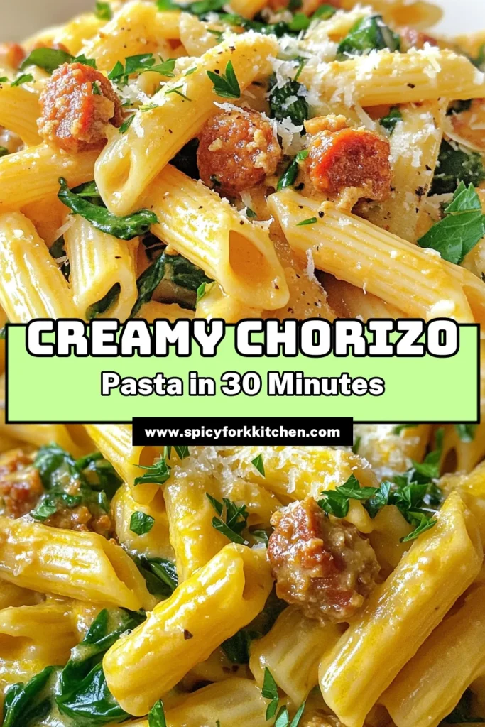 Discover the ultimate Creamy Chorizo Pasta that's perfect for busy weeknights! This quick dinner recipe will have you savoring every bite of this delicious Chorizo Pasta with Spinach and Chorizo. In just 30 minutes, you can whip up this easy creamy pasta dish that combines flavorful chorizo, fresh spinach, and rich cream. Don't miss out—save this Chorizo Pasta Recipe to your boards and impress your family tonight! #CreamyChorizoPasta #QuickDinnerRecipes #EasyCreamyPasta #PastaWithSpinachAndChorizo