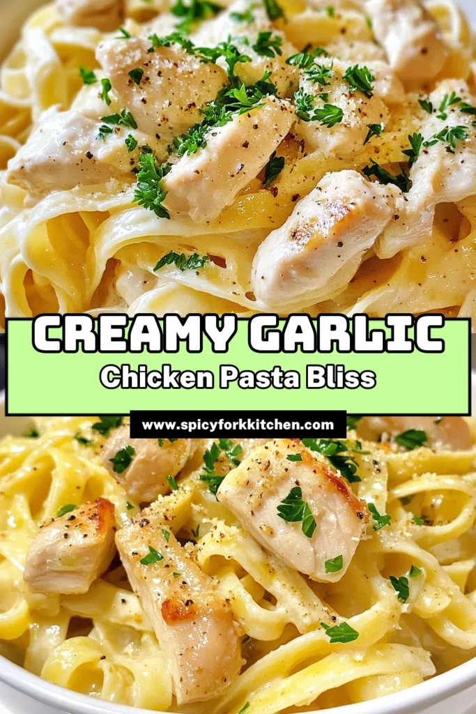 Indulge in this creamy garlic Parmesan pasta for an easy weeknight dinner. This chicken pasta recipe features tender chicken breasts combined with fettuccine in a rich, velvety sauce. It's a quick pasta dinner recipe that you'll love! Impress your family with this delicious garlic Parmesan chicken dish that's ready in just 30 minutes. Save this easy creamy chicken fettuccine recipe now! #PastaRecipe #QuickDinner #FamilyMeals #GarlicParmesan