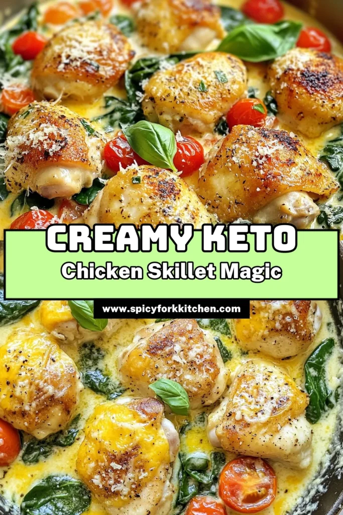 Discover the deliciousness of this Keto Chicken Spinach Tomato Skillet! This easy keto meal combines tender chicken thighs with fresh spinach and juicy tomatoes for a creamy chicken dish that's perfect for low-carb diets. In just 30 minutes, you can whip up this flavorful Keto chicken skillet that your whole family will love. Try this spinach tomato skillet recipe today for a satisfying dinner! Save for later! #KetoChickenSkillet #LowCarbRecipes #EasyKetoMeals #CreamyChickenDish