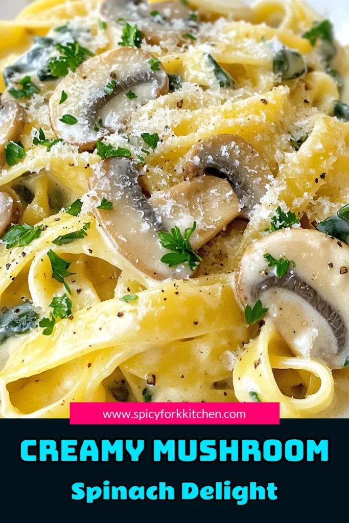 Indulge in this creamy mushroom spinach pasta, the perfect fettuccine recipe for any night! This easy pasta with spinach combines rich flavors of Italian mushroom pasta with a quick creamy pasta dish that's ready in just 25 minutes. Enjoy a delightful meal that’s satisfying and simple. Save this recipe for a weeknight dinner that impresses! Try it tonight! #CreamyMushroomSpinachPasta #EasyPasta #PastaRecipes #ItalianCooking