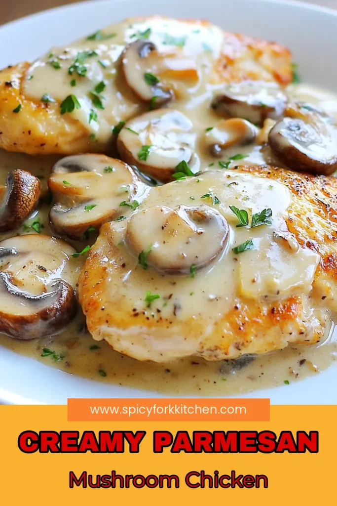 Indulge in this delicious Parmesan Garlic Mushroom Chicken that’s perfect for a quick weeknight meal! This creamy mushroom chicken recipe features tender chicken with Parmesan cheese, sautéed mushrooms, and garlic, all enveloped in a rich, velvety sauce. It's an easy chicken dinner recipe that takes just 30 minutes! Try it tonight and savor the flavors. Save this for your next meal! #ParmesanGarlicChicken #MushroomChickenRecipe #EasyChickenDinner #CreamyMushroomSauce