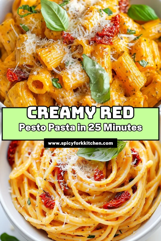 Indulge in this creamy red pesto pasta that's perfect for any meal! This sun-dried tomato pasta recipe features delicious roasted red peppers and nuts for a satisfying flavor. Quick and easy, this dairy-free pasta recipe is ideal for busy weeknights, while the vegetarian pasta with red pesto is sure to impress your guests. Dive into this delightful dish today! Save this recipe for later! #CreamyRedPestoPasta #EasyPastaDish #DairyFreePasta #VegetarianPasta