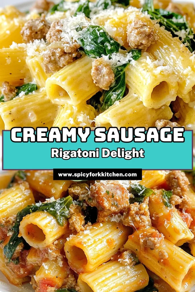 Savor the rich flavors of this creamy sausage rigatoni recipe that's perfect for quick weeknight dinners! This easy rigatoni pasta dish combines Italian sausage with spinach for a delightful creamy pasta experience. Ready in just 30 minutes, it's ideal for busy evenings. Don't miss out—save this Italian sausage pasta with spinach for delicious meals! Try it tonight! #CreamyPastaRecipes #EasyRigatoni #QuickDinners #ItalianSausageRecipes