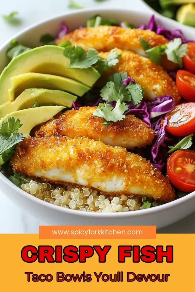 Indulge in these delicious crispy fish taco bowls, the ultimate healthy fish taco recipe! Perfect for an easy fish taco dinner, these baked fish tacos are quick and satisfying. Made with crispy fish pieces served over quinoa or brown rice, topped with fresh avocado, red cabbage, and cherry tomatoes, they’re a nutritious choice for any night. Don’t miss out on this flavorful meal—save the recipe now! #FishTacos #HealthyEating #DinnerInspo #RecipeIdeas