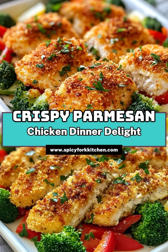 Looking for an easy chicken dinner? Try this delicious Parmesan Crusted Chicken Sheet Pan recipe! Juicy, baked chicken is coated with a flavorful panko breadcrumb mixture and paired with fresh vegetables like broccoli and bell peppers. Perfect for busy weeknights, this sheet pan chicken recipe is simple to make and cleanup is a breeze. Save this recipe for your next meal! #ParmesanCrustedChicken #SheetPanDinner #EasyChickenDinner #PankoBreadcrumbChicken