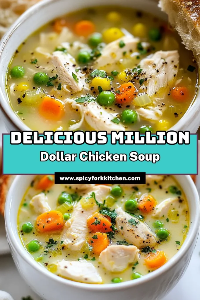 Discover the ultimate comfort dish with this Million Dollar Chicken Soup! This creamy chicken soup recipe combines tender chicken, veggies, and heavy cream for a rich and satisfying meal. Perfect for busy weeknights, this easy chicken soup can be made in just 50 minutes. Enjoy the warmth of homemade chicken soup with crusty bread on the side. Try it today and elevate your dinner game! #MillionDollarChickenSoup #CreamyChickenSoup #EasyChickenSoup #HomemadeChickenSoup