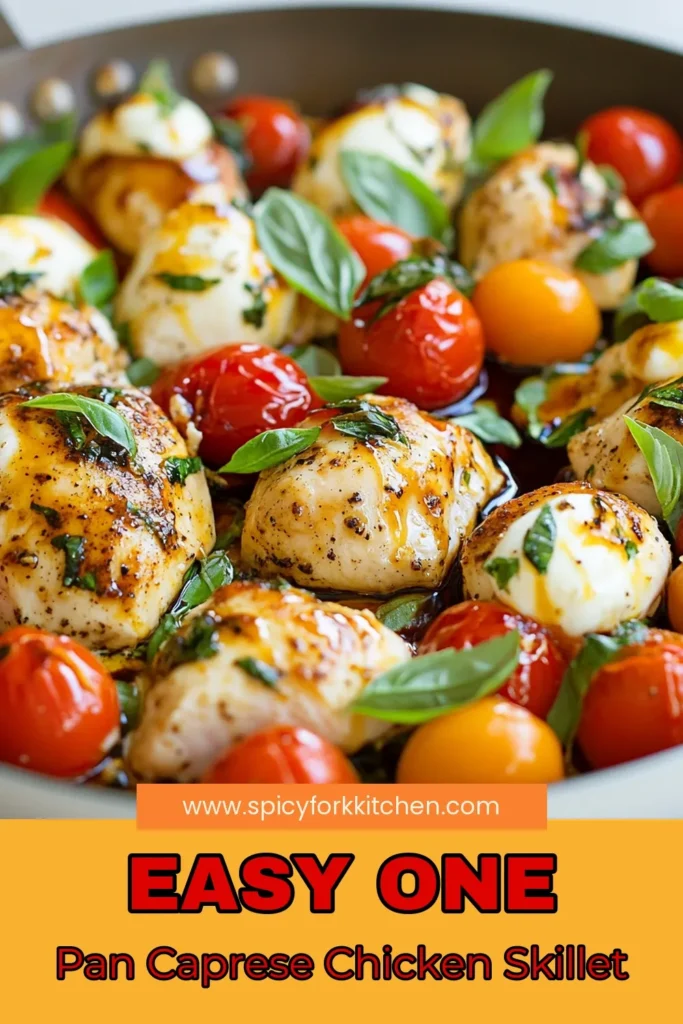 Discover a delightful twist on dinner with this One-Pan Caprese Chicken Skillet. This easy Caprese chicken recipe boasts juicy chicken breasts, fresh mozzarella, and vibrant cherry tomatoes, all made in just one pan! Perfect for busy weeknights, this balsamic chicken skillet is quick and satisfying. Try this mozzarella chicken recipe tonight for a meal that’s not only delicious but also effortless to prepare! Save this for your next meal inspiration! #OnePanCapreseChicken #SkilletChickenRecipes #EasyCapreseChicken #BalsamicChickenSkillet