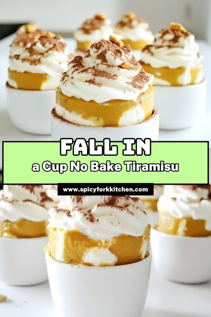 Indulge in the deliciousness of No Bake Pumpkin Tiramisu Cups! This easy recipe combines creamy mascarpone, rich pumpkin puree, and coffee-soaked ladyfingers for a delightful fall dessert that's perfect for any occasion. With simple layers and festive flavors, these treats are sure to impress. Ready to make your own? Click through to uncover the full recipe and tips for a stunning presentation! #PumpkinTiramisu #DessertRecipes #NoBakeDesserts #FallFood