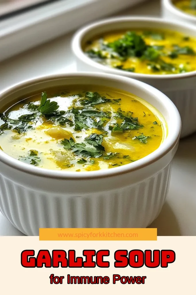 Boost your health with this delicious immune boosting soup featuring a simple garlic soup recipe! Packed with the goodness of garlic, turmeric, and leafy greens, this healthy garlic soup is perfect for those cold days. Plus, it's a vegan immune booster that everyone will love. Try this turmeric garlic soup today and feel revitalized. Click to save this recipe and bring wellness to your kitchen! #ImmuneBoostingSoup #GarlicSoupRecipe #VeganImmuneBooster #HealthyGarlicSoup
