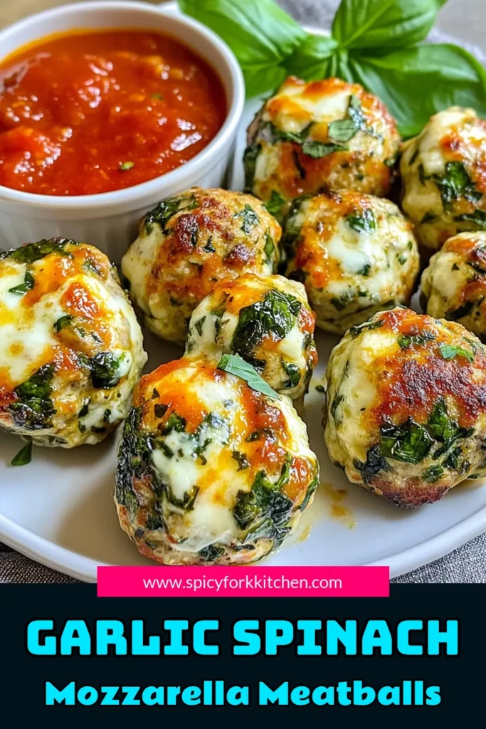 Try these delicious spinach mozzarella meatballs for a healthy twist on a classic dish! This garlic meatball recipe features ground beef meatballs loaded with fresh spinach and gooey mozzarella, perfect for any family dinner. Bake these mozzarella meatballs for a guilt-free option your loved ones will adore. Don't forget to save this healthy meatball recipe for your next meal! #HealthyEating #MeatballRecipe #SpinachMozzarella #LowCarbCooking