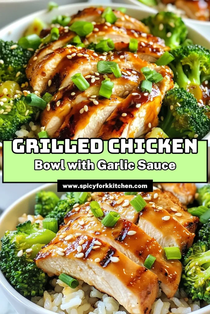 Looking for easy dinner recipes that are both healthy and delicious? Try these Grilled Chicken Broccoli Bowls with Garlic Sauce! Packed with protein and nutrients, these gluten-free chicken meals feature tender grilled chicken breasts, vibrant broccoli, and a mouthwatering broccoli garlic sauce drizzled on top. Perfect for a quick weeknight meal. Save this recipe for a tasty and satisfying dinner! #HealthyChickenRecipes #GlutenFree #DinnerIdeas #EasyRecipes