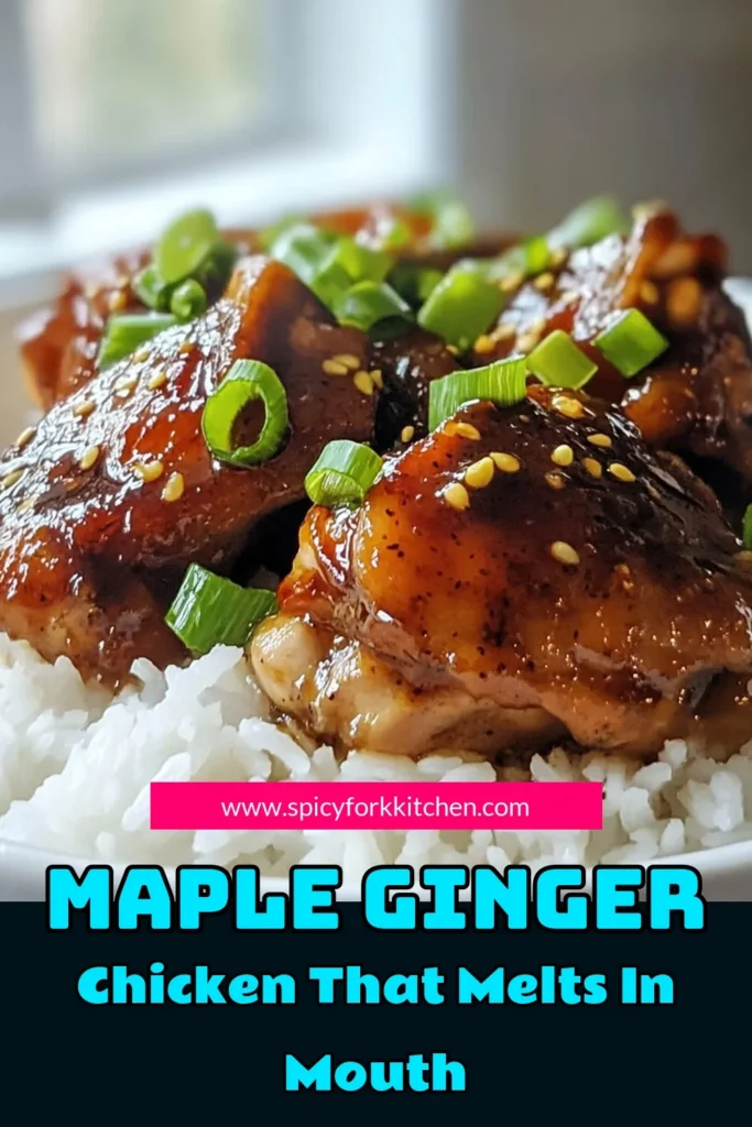 Indulge in this Savory Maple-Ginger Chicken featuring tender chicken thighs with soy sauce. This easy slow cooker chicken recipe combines sweet maple syrup and zesty ginger for a flavor-packed meal. Perfect for busy days, this ginger garlic chicken thighs dish will amaze your family. Serve it over rice or quinoa for a hearty dinner. Save this Easy Maple Syrup Chicken recipe now! #CrockPotRecipes #MapleGingerChicken #SlowCookerDinner #ChickenRecipes