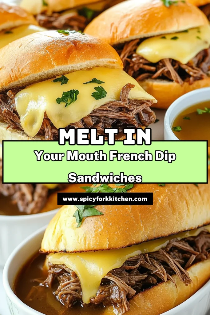 Indulge in these delicious Crockpot French dip sandwiches! This beef chuck roast recipe yields savory hoagie sandwiches that are perfect for easy slow cooker meals. With tender, shredded beef topped with provolone cheese, these sandwiches will impress your family and friends. Don't miss out on this ultimate comfort food—save it for your next meal! Try it today! #CrockpotFrenchDip #SlowCookerRecipes #EasyMeals #BeefSandwiches