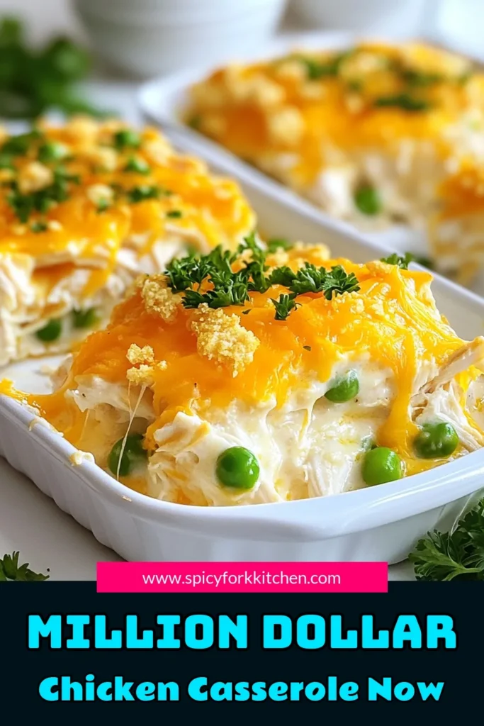 Discover the comfort of this Million Dollar Chicken Casserole, a creamy chicken casserole that’s easy to make and sure to impress! This cheesy chicken casserole dish is made with rotisserie chicken for a quick meal. Perfect for busy weeknights, this easy chicken casserole recipe is filled with flavor and topped with buttery crackers. Try it tonight and save for later! #MillionDollarChickenCasserole #CheesyChickenCasserole #EasyChickenCasserole #RotisserieChickenRecipe