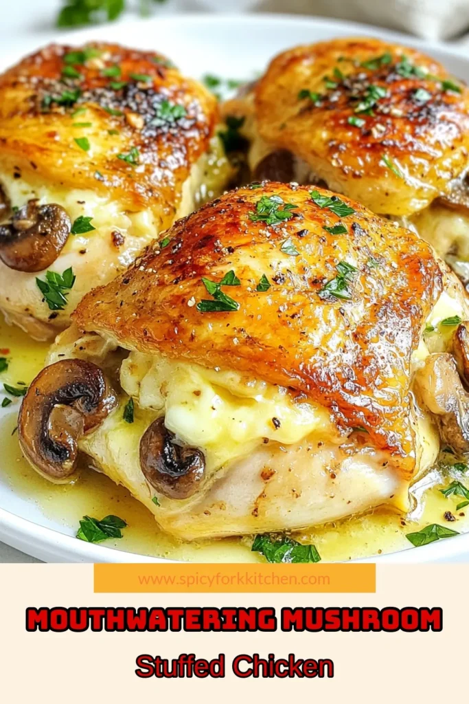 Enjoy a delicious Mushroom Stuffed Chicken in Garlic Butter that's perfect for easy chicken dinner ideas! This creamy garlic butter chicken recipe features boneless chicken breasts filled with a savory cream cheese and mushroom blend. It's a quick, satisfying dish that's sure to impress. Don't miss out on this stuffed chicken breast recipe that will elevate your weeknight meals. Save this recipe for a flavorful dinner tonight! #MushroomStuffedChicken #GarlicButterChicken #CreamCheeseStuffedChicken #EasyDinnerIdeas