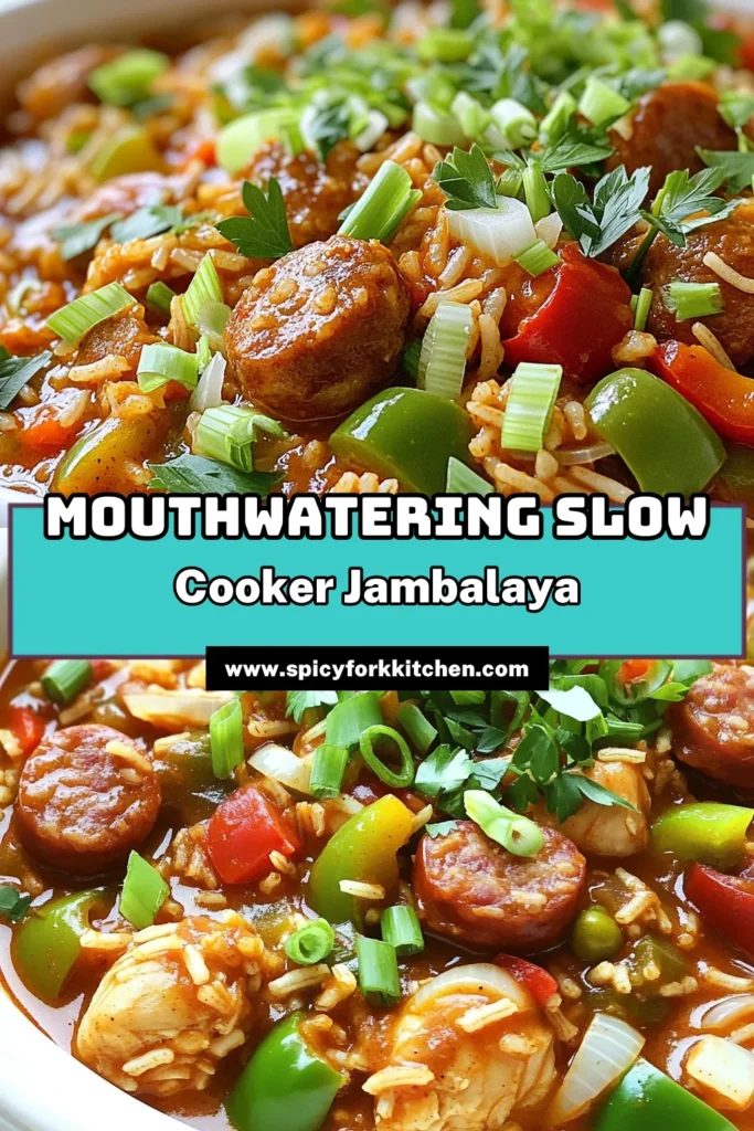 Savor the flavors of the South with this Spicy Slow Cooker Cajun Jambalaya recipe! Packed with chicken, andouille sausage, and colorful veggies, this dish brings the heat and comfort with every bite. Perfect for busy days, just set it and forget it! Click through for the full recipe and elevate your culinary skills today. #CajunCooking #SlowCookerRecipes #Jambalaya #SpicyFood