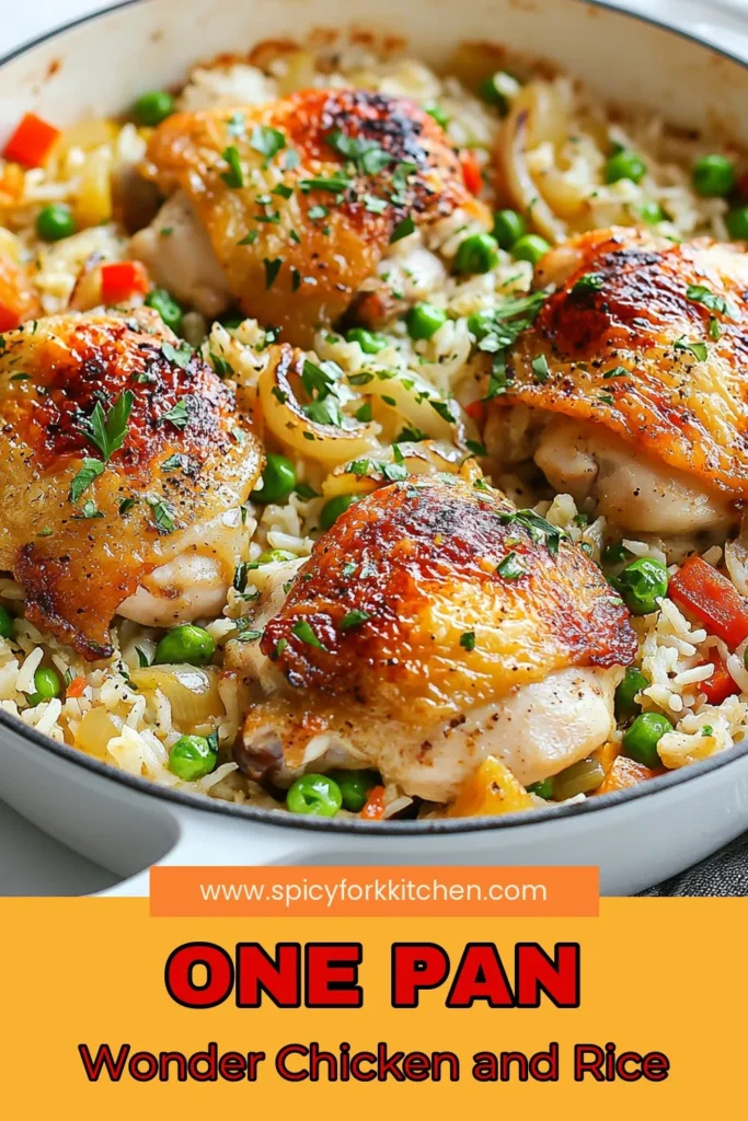 Discover the ultimate One Pan Chicken and Rice Bake, a delightful Oven-Baked Chicken Dinner featuring juicy chicken thighs. This Easy Chicken and Rice Bake combines tender Chicken Thighs with flavorful skillet rice and vibrant veggies, making it a perfect weeknight meal. Save this family-friendly recipe for a simple yet delicious dish that everyone will love. Try it tonight! #OnePanChickenAndRice #ChickenThighsRecipe #EasyChickenAndRiceBake #OvenBakedChickenDinner