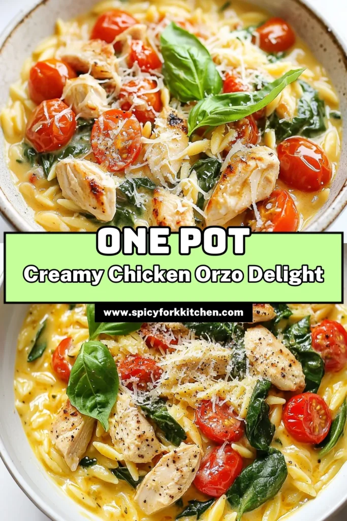 Discover this easy chicken orzo recipe that will elevate your dinner with orzo pasta! This one pot creamy pasta dish combines tender chicken, garlic, spinach, and cherry tomatoes for a delightful meal ready in just 30 minutes. Perfect for busy weeknights, this creamy chicken orzo is a must-try. Save this recipe for your next family dinner and enjoy every bite! #CreamyChickenOrzo #EasyChickenOrzo #OnePotPasta #DinnerRecipes