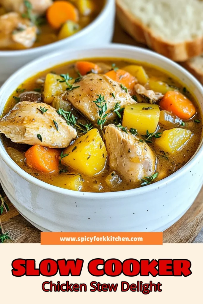 Warm up your evenings with this cozy slow cooker chicken stew! This easy chicken stew recipe features tender chicken thighs stew combined with hearty vegetables like carrots and potatoes, all simmered to perfection. Perfect for meal prep, this recipe is not just delicious but also hassle-free. Ready in hours, it’s a comforting dish your family will love. Click to save this hearty vegetable stew recipe today! #SlowCookerChickenStew #EasyChickenStewRecipe #CozyRecipes #HealthyEating