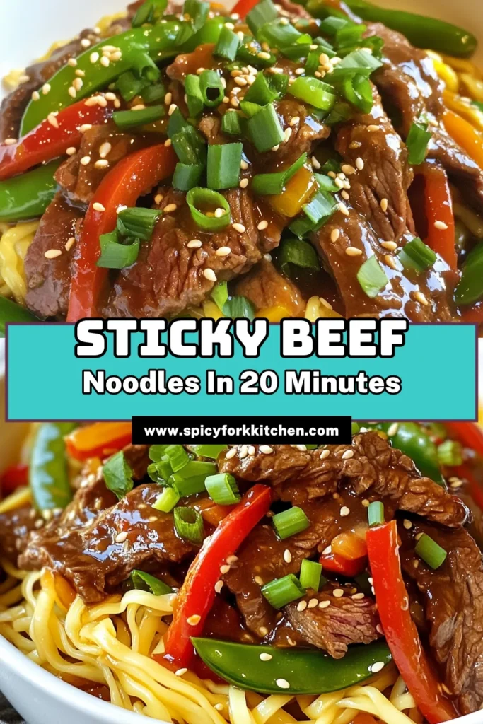 Looking for a quick and delicious meal? Try this Sticky Beef Noodles recipe! This easy beef noodle stir-fry combines tender beef, vibrant veggies, and a homemade sticky sauce that will satisfy your cravings. Perfect for busy weeknights, these quick Asian beef noodles are made with soy sauce and pack a flavorful punch. Cook up this delightful dish in just 20 minutes and enjoy a restaurant-quality meal at home! Save this recipe for later! #StickyBeefNoodles #BeefNoodleStirFry #AsianRecipes #EasyDinner